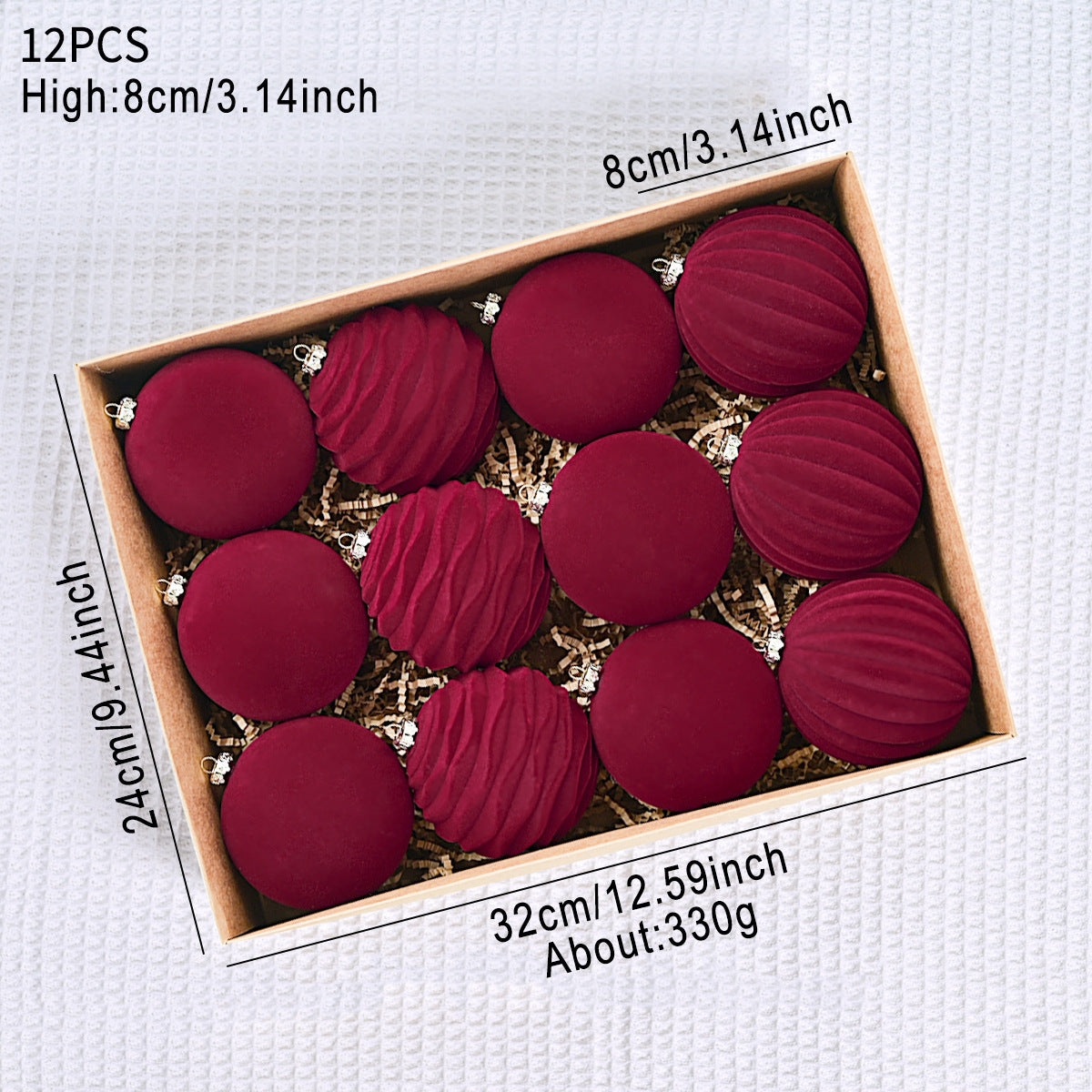 Christmas Flocking Ball Decorations Set - Red, Green, Blue, 8-12cm