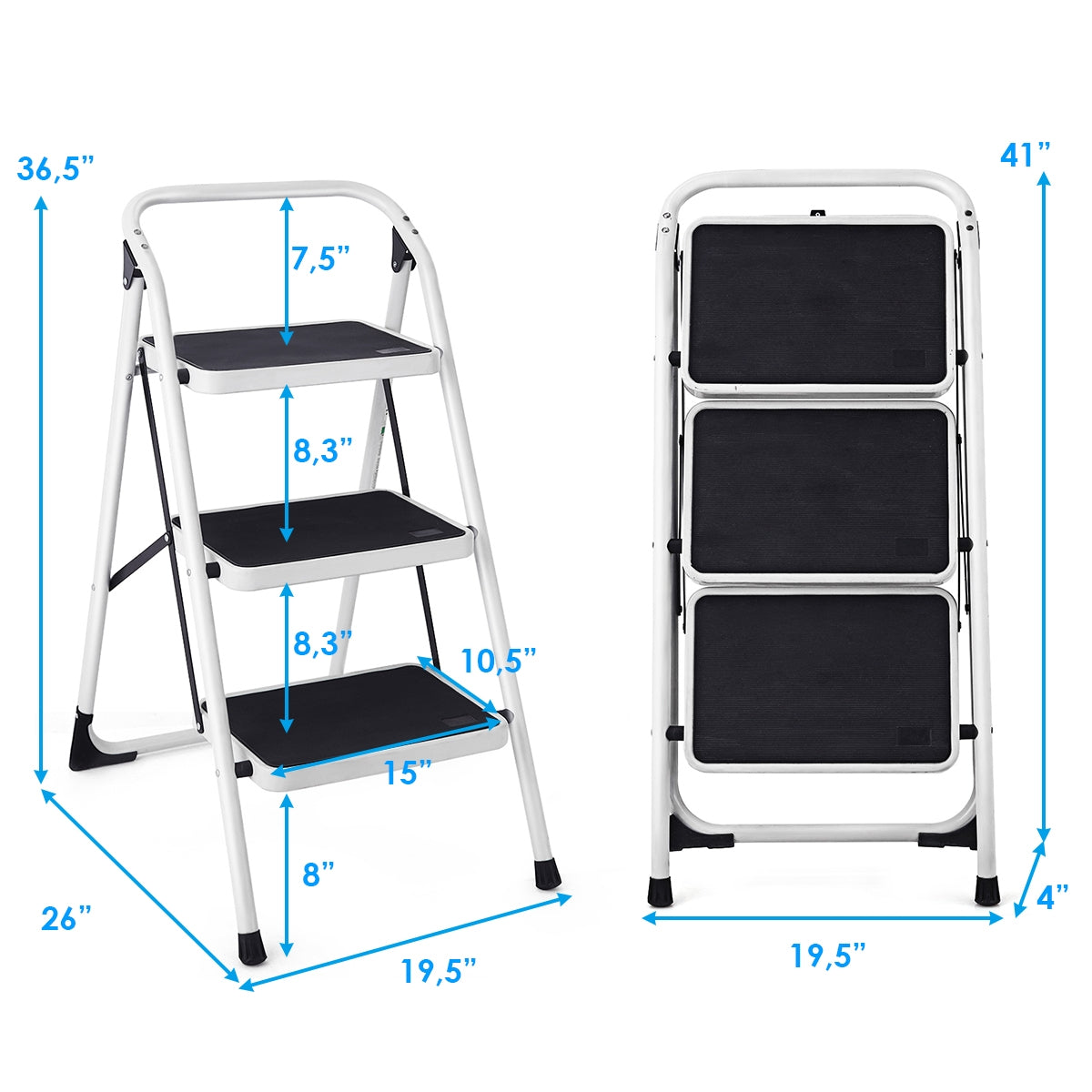 Foldable 3-Step Ladder with Handgrip Anti-Slip Platform Home Office Use
