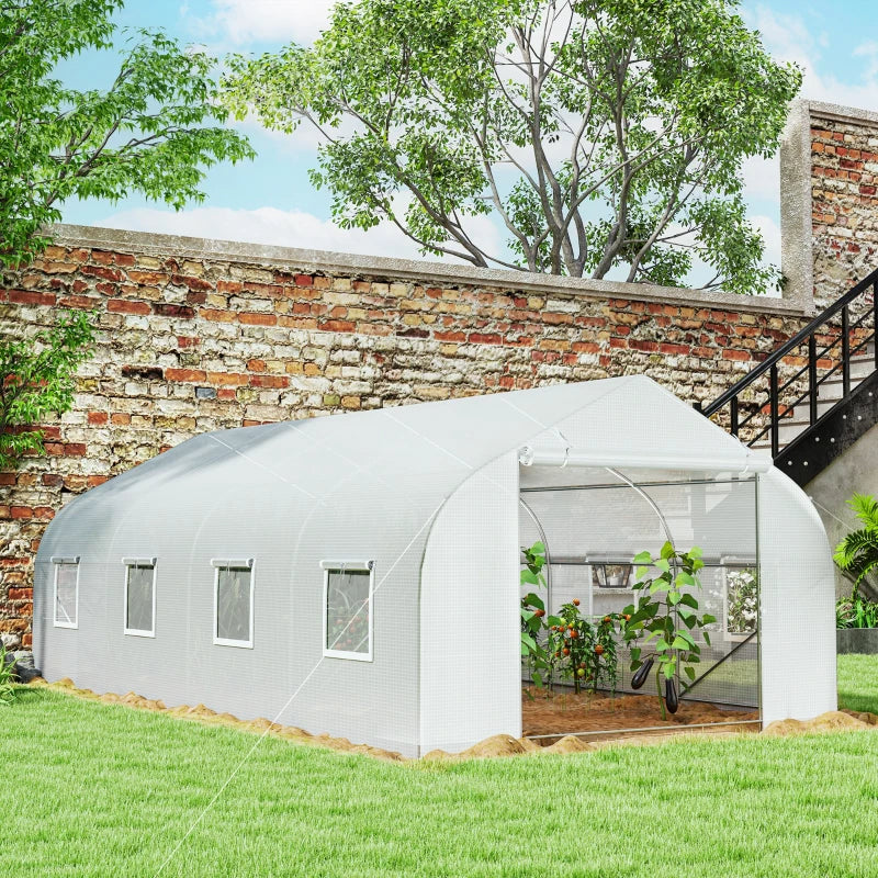 Large Walk-In Tunnel Greenhouse with Roll-Up Door - White Garden Shelter
