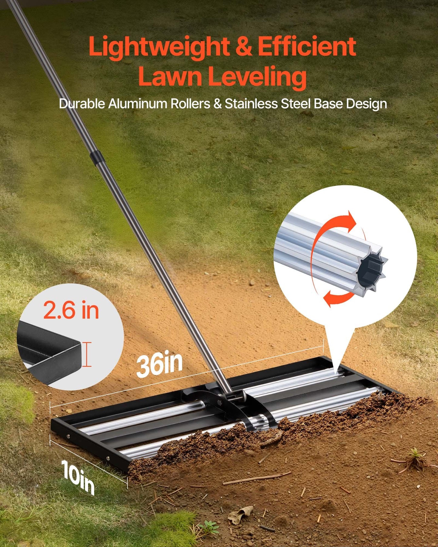 Heavy Duty Lawn Leveling Rake with Roller - 36x10in Stainless Steel Yard Tool with Adjustable Handle