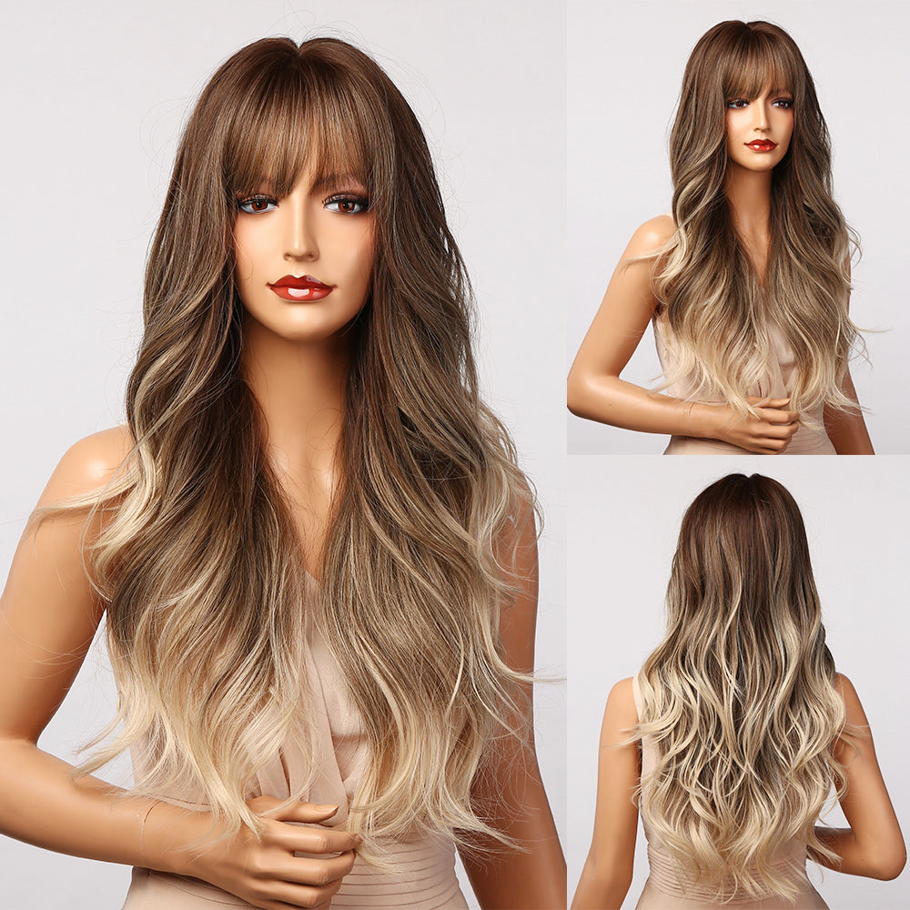 High Temperature Synthetic Wig with Gradient Colors and Bangs - Stylish & Dyeable Hairpiece