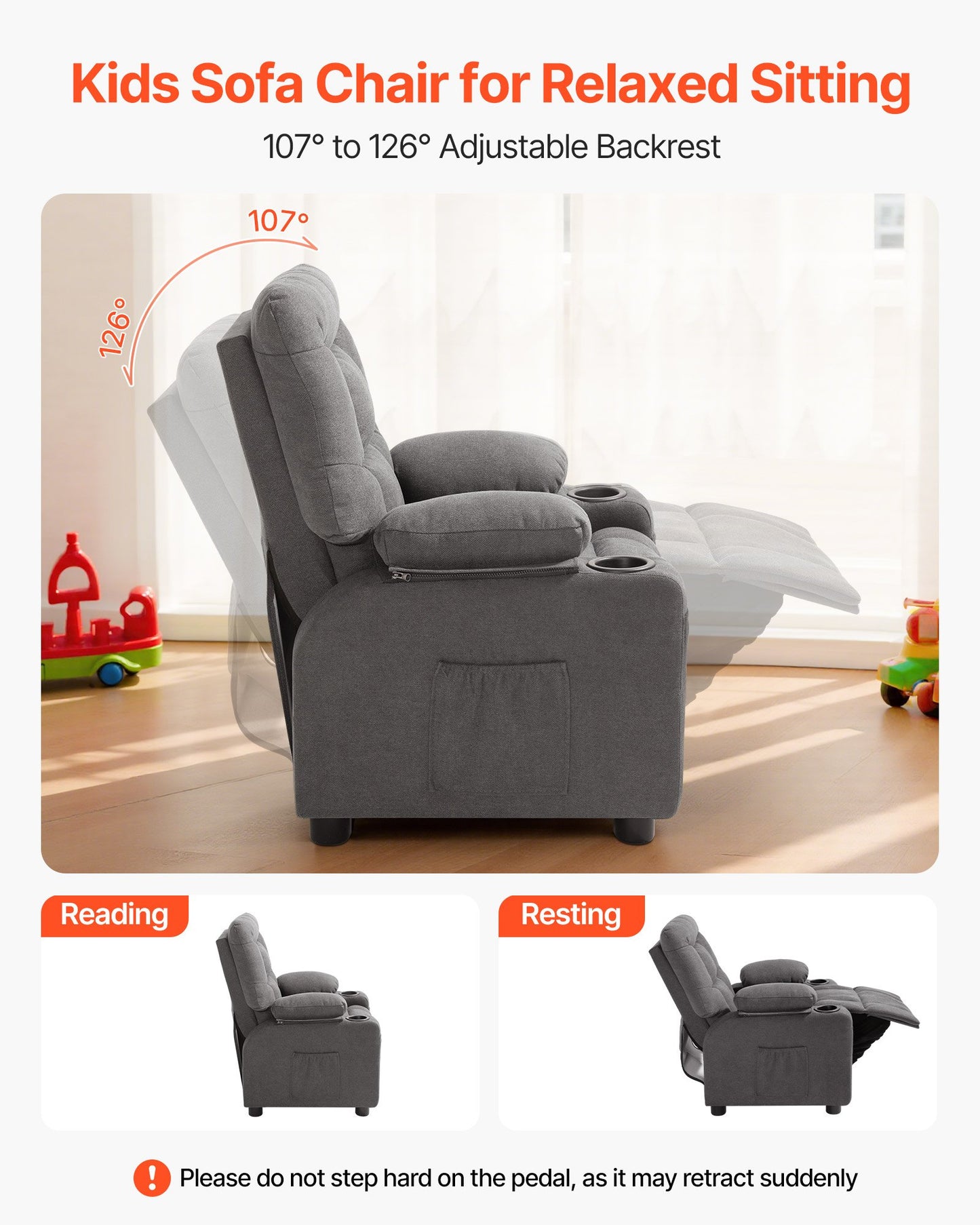 Kids Recliner Chair with Cup Holders & Adjustable Backrest - Gray