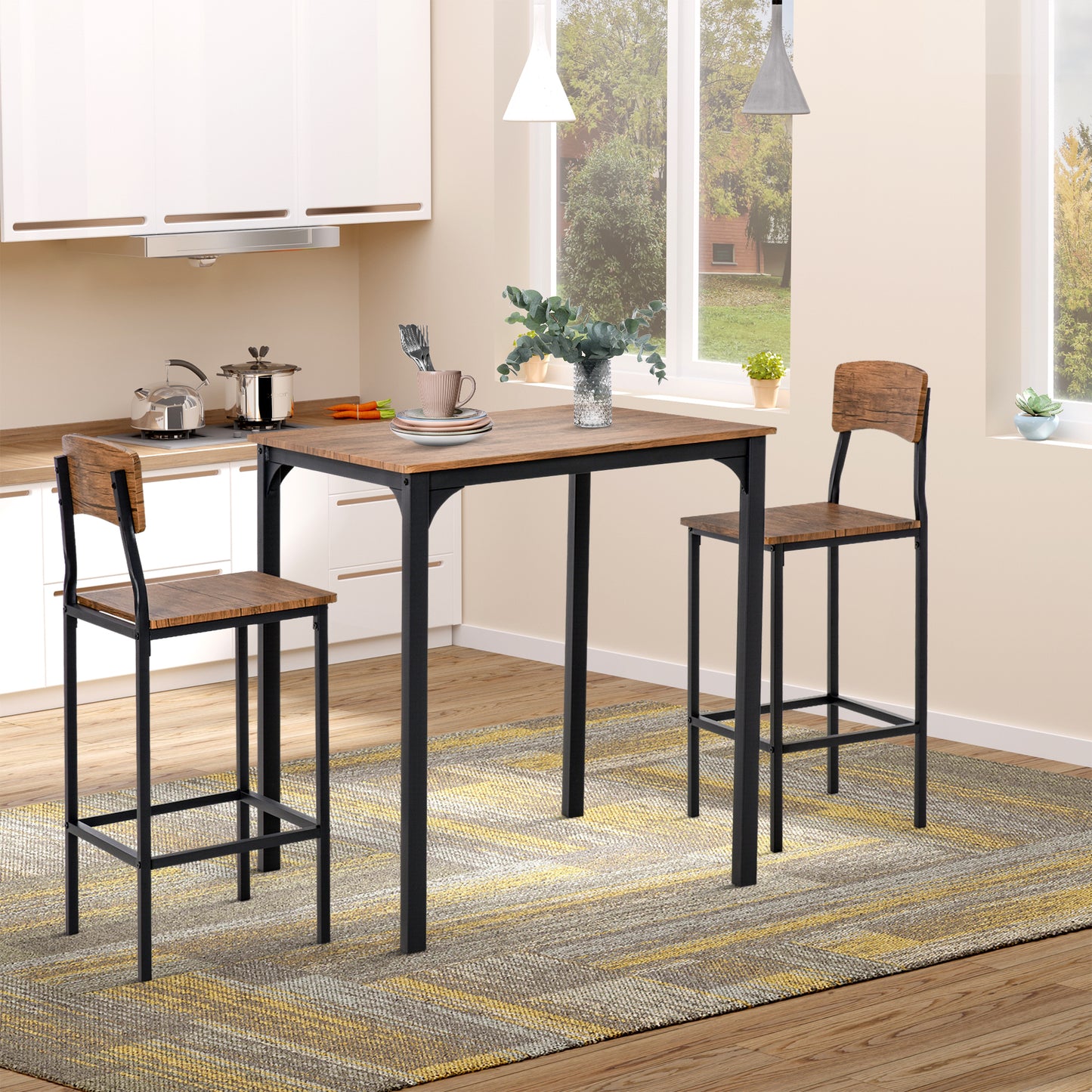 3-Piece Square Dining Table Set with 2 Stools - Walnut & Black
