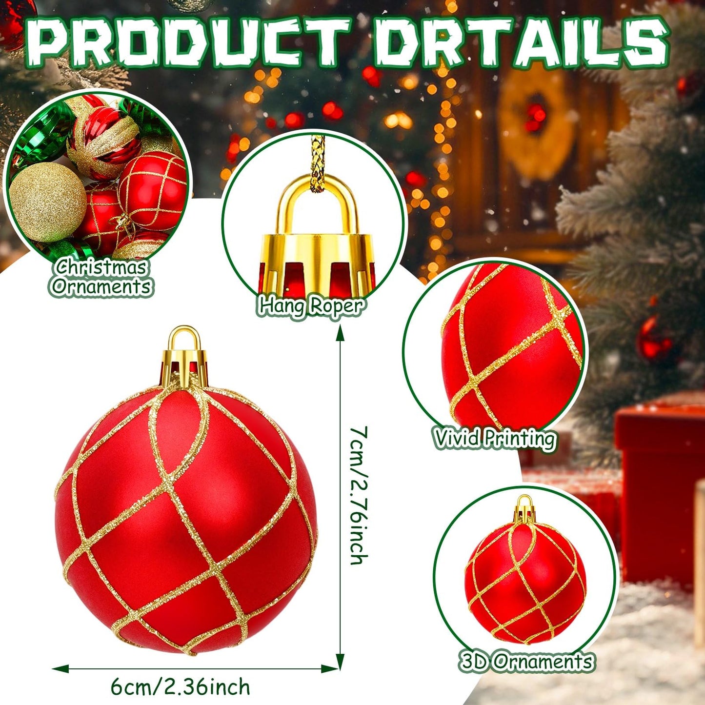 24PCS Shatterproof Christmas Ball Ornaments - Red, Green, Gold