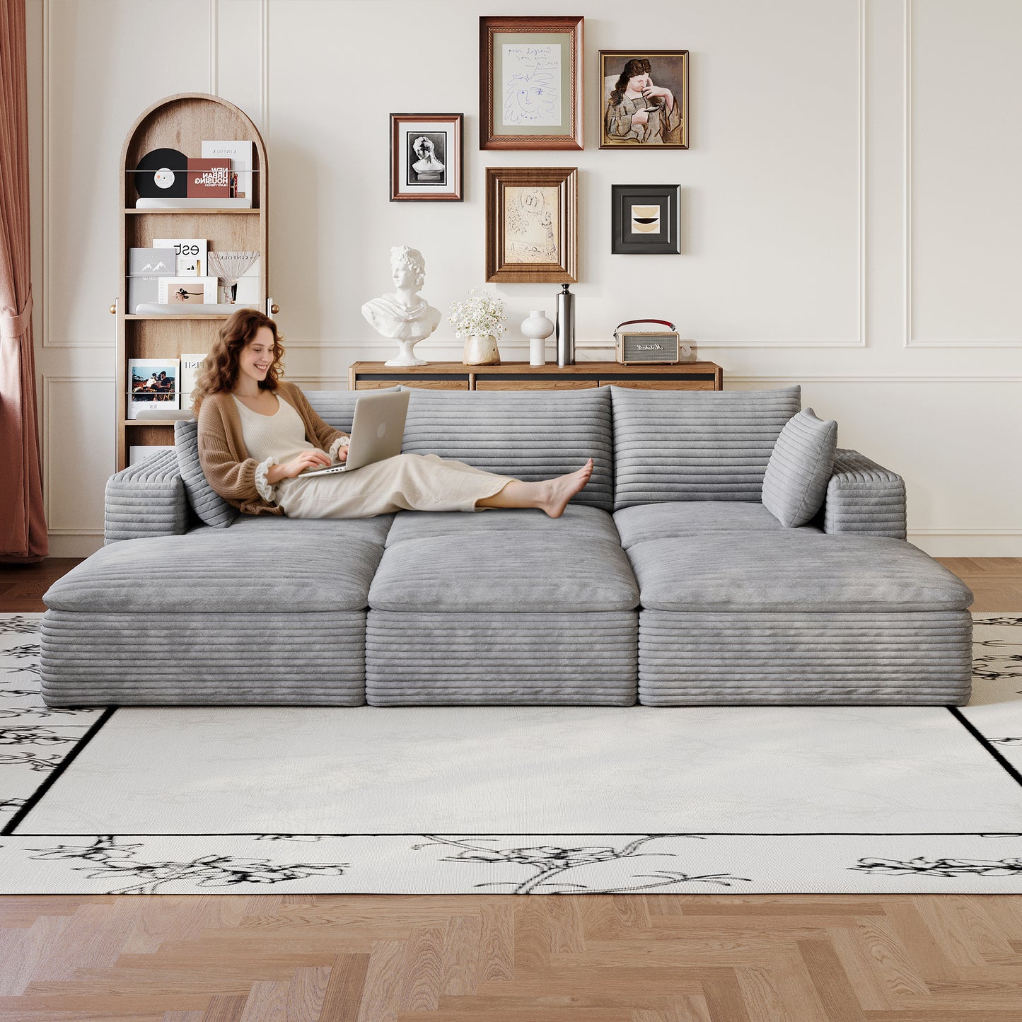102" Cloud Sofa - Grey Corduroy Fabric, Deep Seat, No Assembly