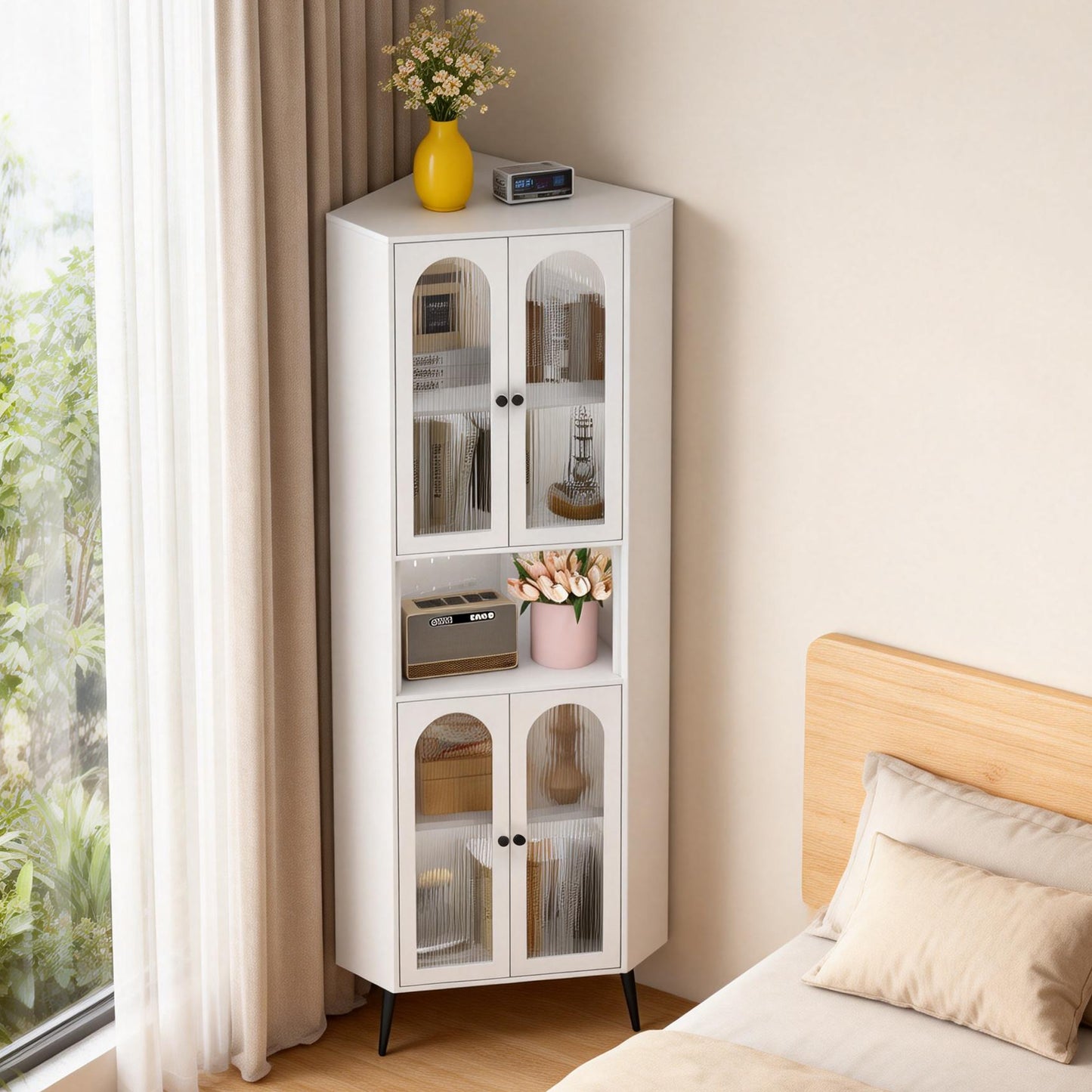 73'' White Metal Corner Storage Cabinet with Adjustable Shelves
