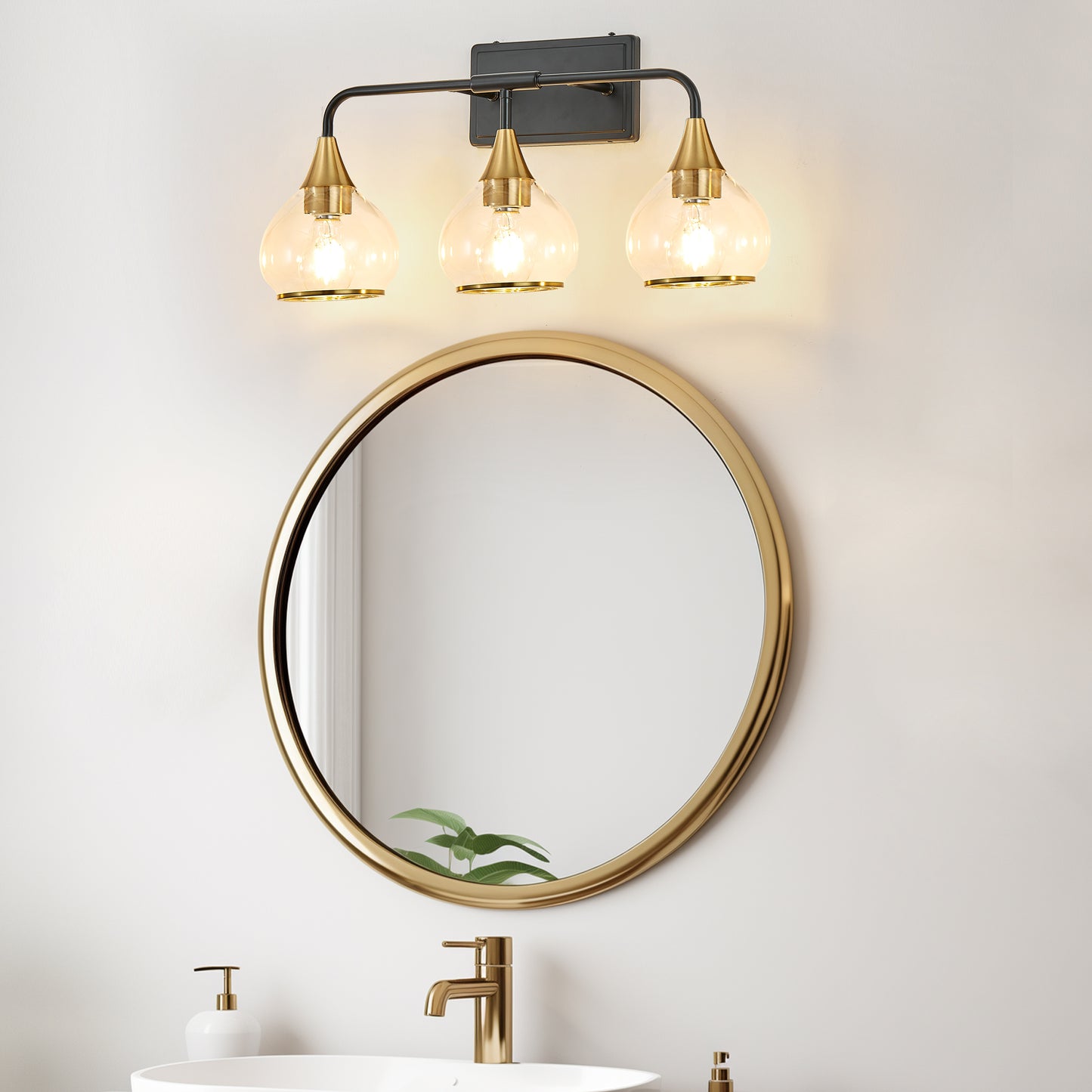 Modern 23in Black and Gold Wall Sconce with Clear Glass Shades - Vanity & Bathroom Light Fixture