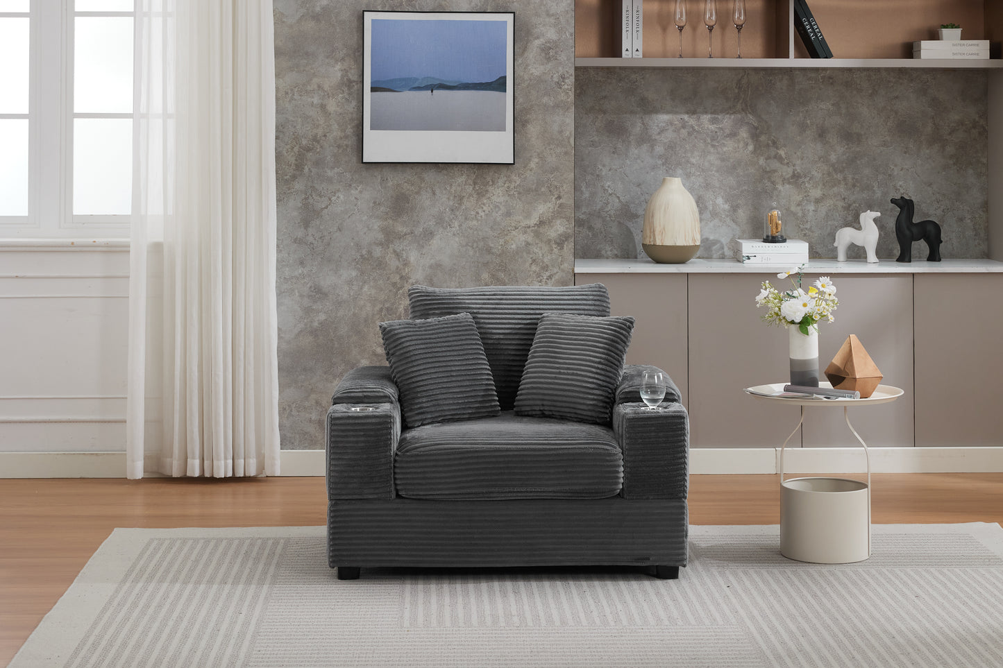 Corduroy Upholstered Chaise Lounge Sofa with Storage & Ottoman - Grey