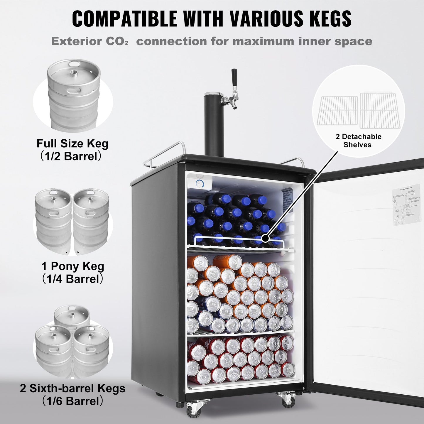 Beer Kegerator Dispenser with Single Tap, Full Size Keg Refrigerator, CO2 & Shelves