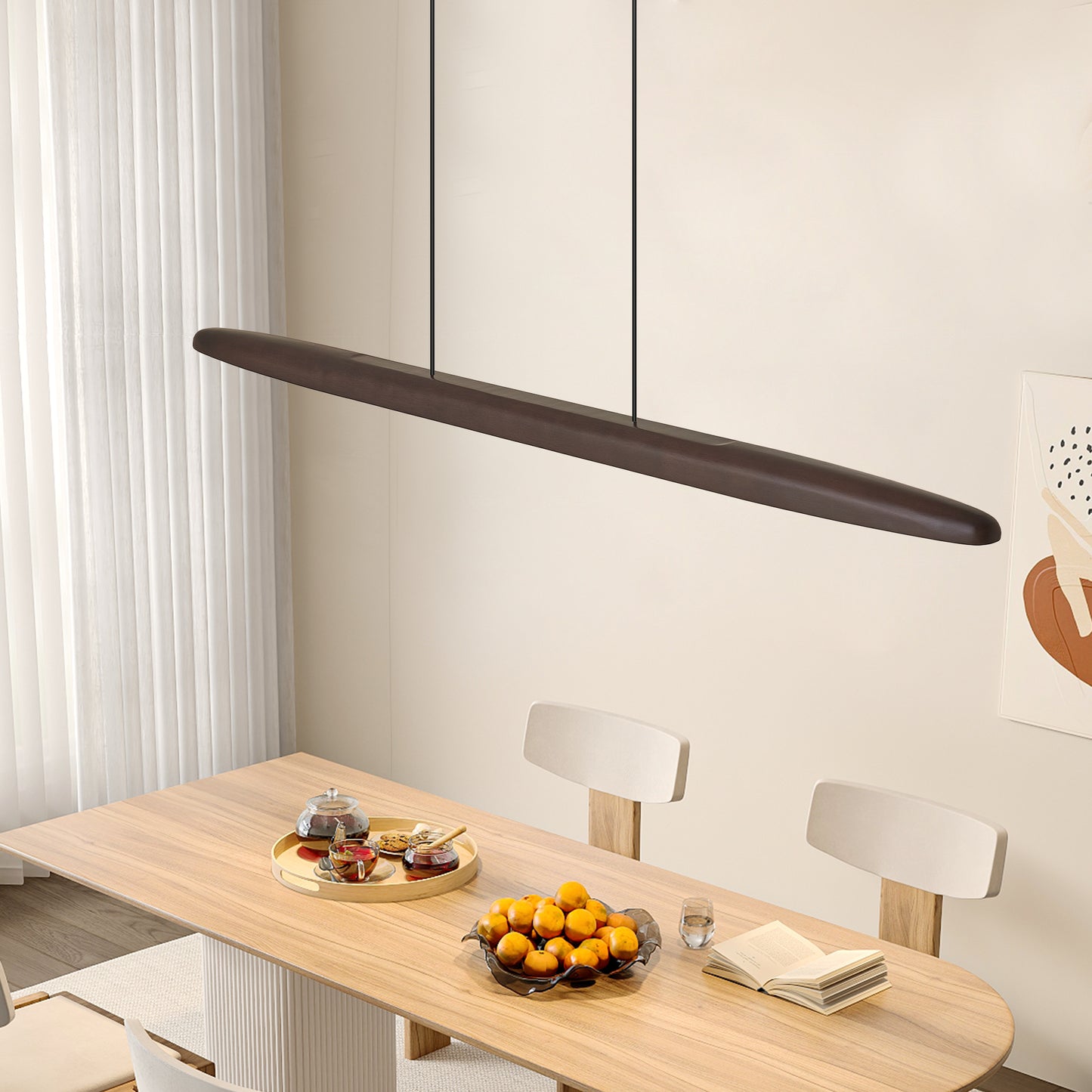 39 Inch Wooden LED Pendant Light with Remote Control - Walnut Finish