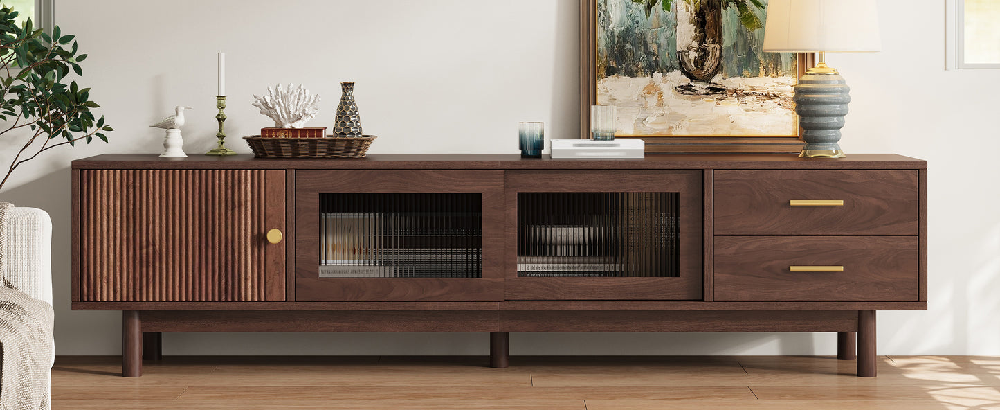 70-Inch Mid Century Modern TV Stand with Glass Sliding Doors