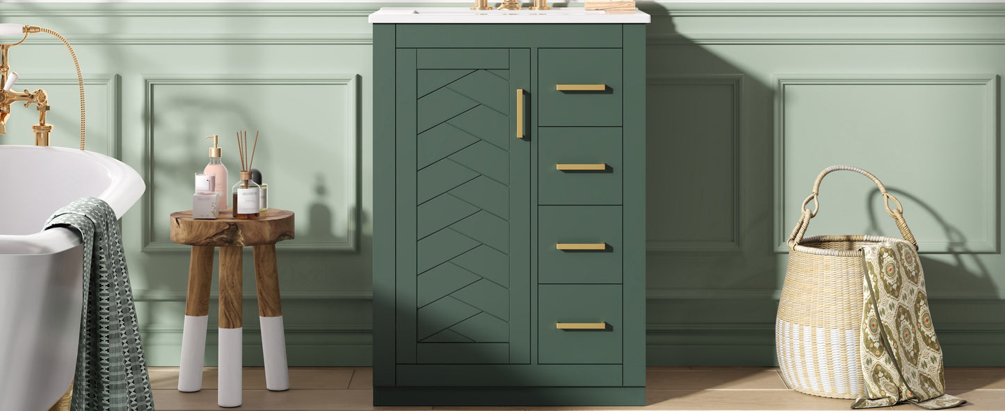 24" Green Bathroom Vanity with Integrated Ceramic Sink & 3 Drawers