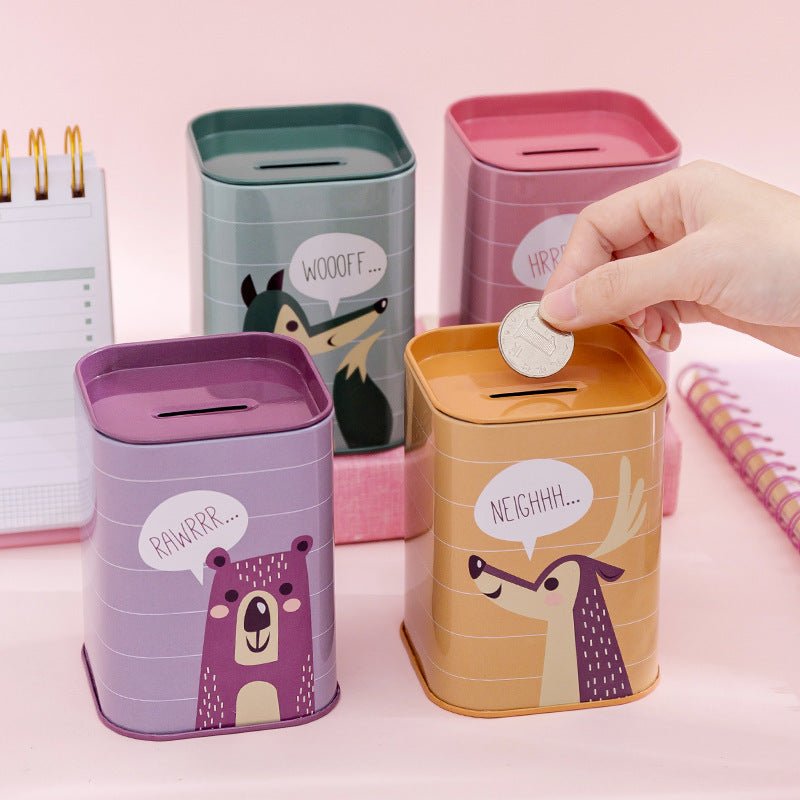 Square Metal Piggy Bank - Animal & Little Girl Series, Coin & Pen Storage