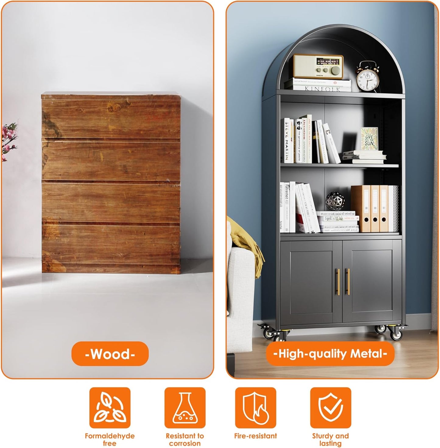 Metal Arched Bookcase with Wheels - Modern Black Storage Cabinet