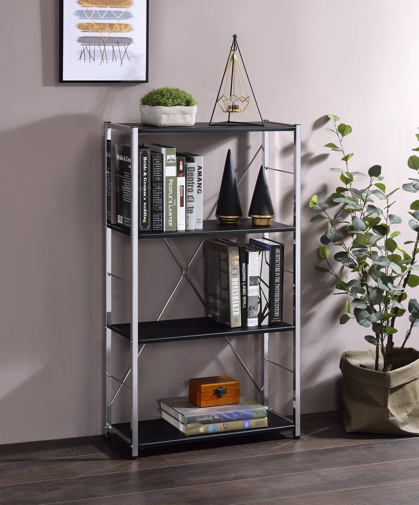 Black & Chrome Finish Bookshelf - Metal & Synthetic Wood