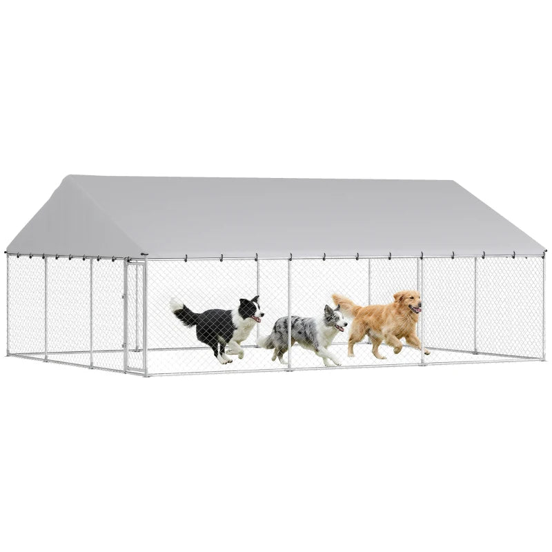Heavy Duty Outdoor Dog Kennel with Waterproof Roof & Secure Latches - 20x15x8 ft, Silver