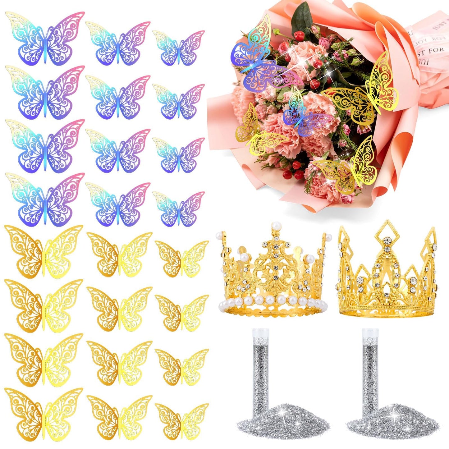 Flower Bouquet Accessories Set - 24pcs Butterflies & Crowns