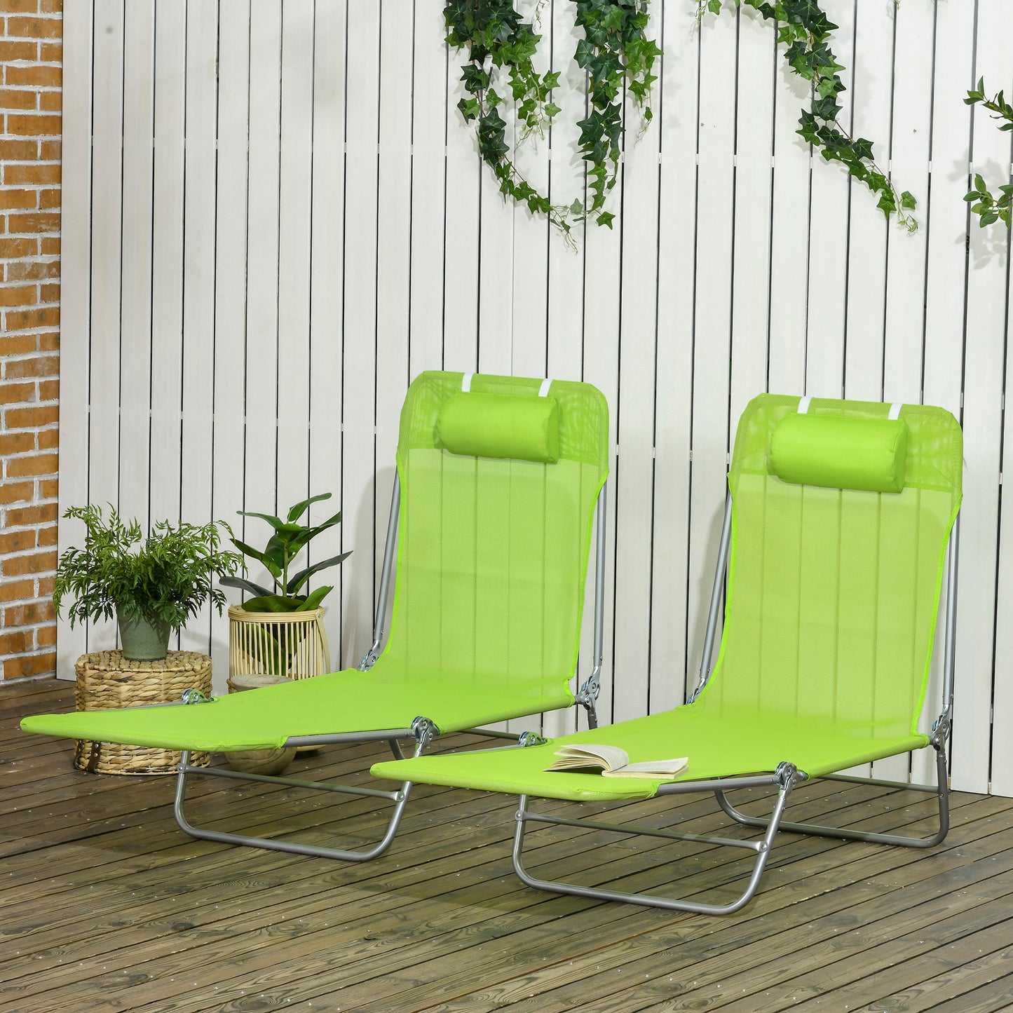 2 Piece Folding Chaise Lounge Chairs Set - Green, Reclining Back