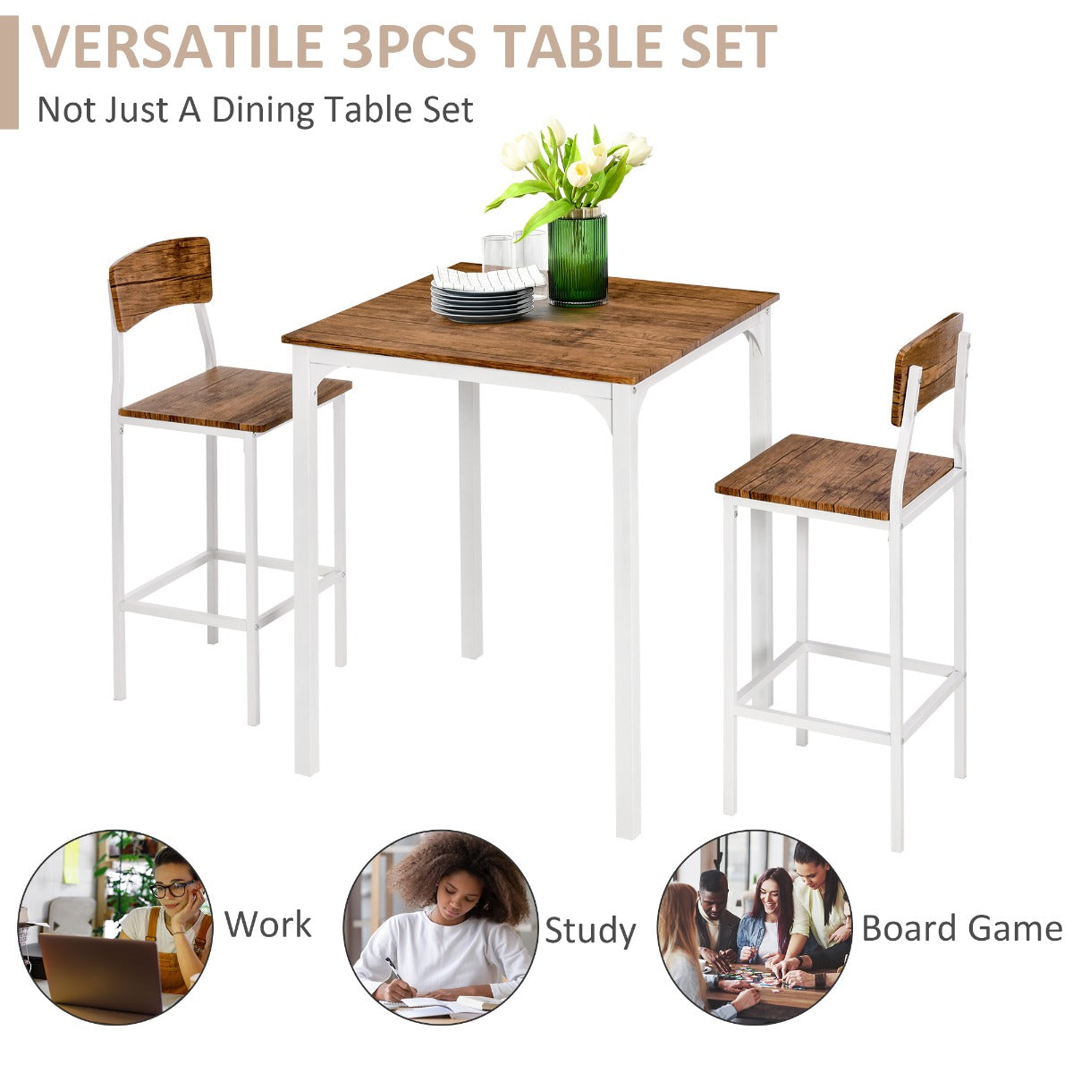 3-Piece Industrial Counter Height Dining Table Set - White