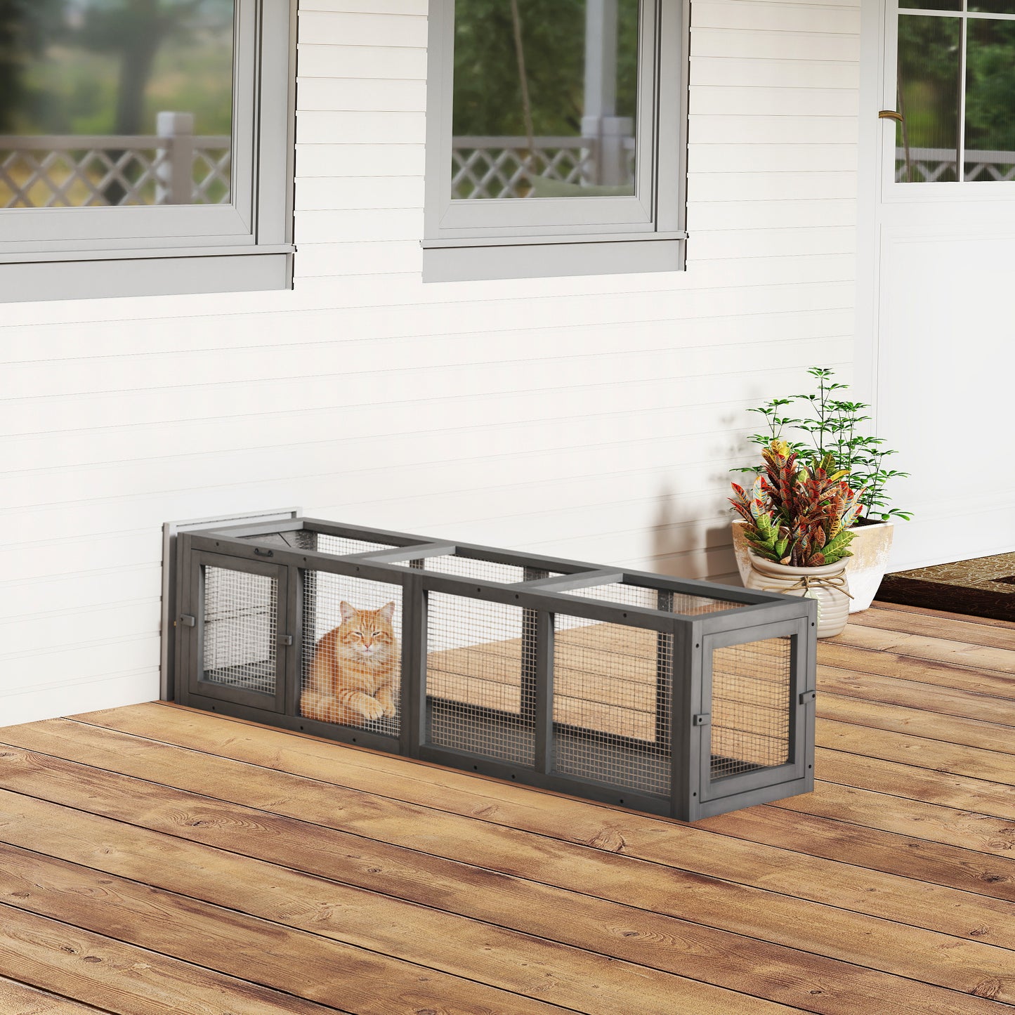 Extendable Outdoor Cat Tunnel with 3 Doors - Gray Wooden Pet Play Enclosure 59 Inches