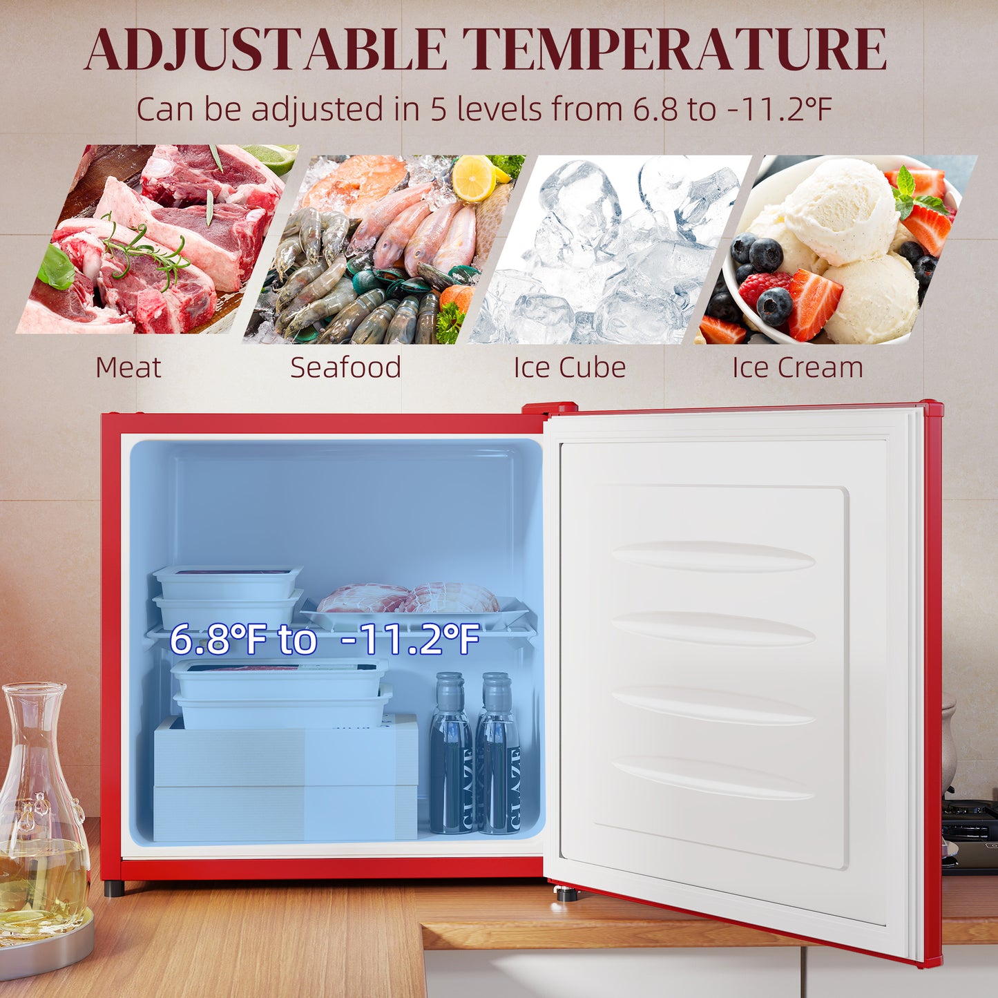 1.1 Cu Ft Compact Countertop Freezer - Red, Removable Shelves, Energy Efficient