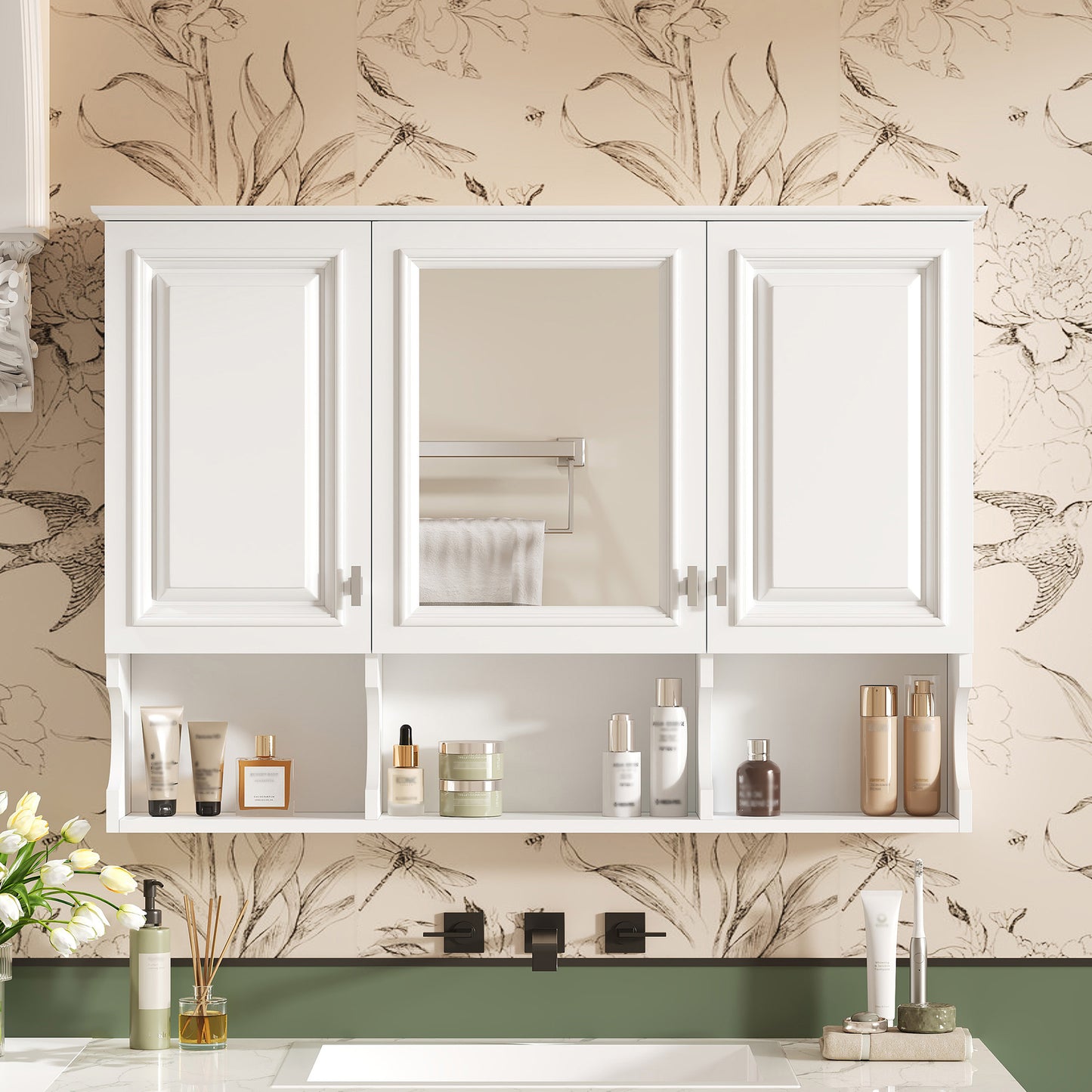 41 Inch Mirror Medicine Cabinet With Open Shelves, Wall Mounted Home