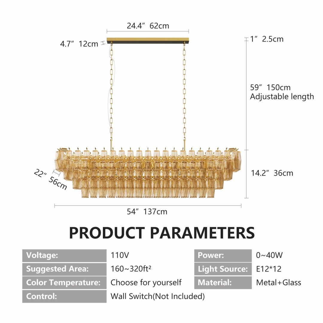 Large Gold Rectangle Chandelier - 12-Light Smoke Glass Fixture