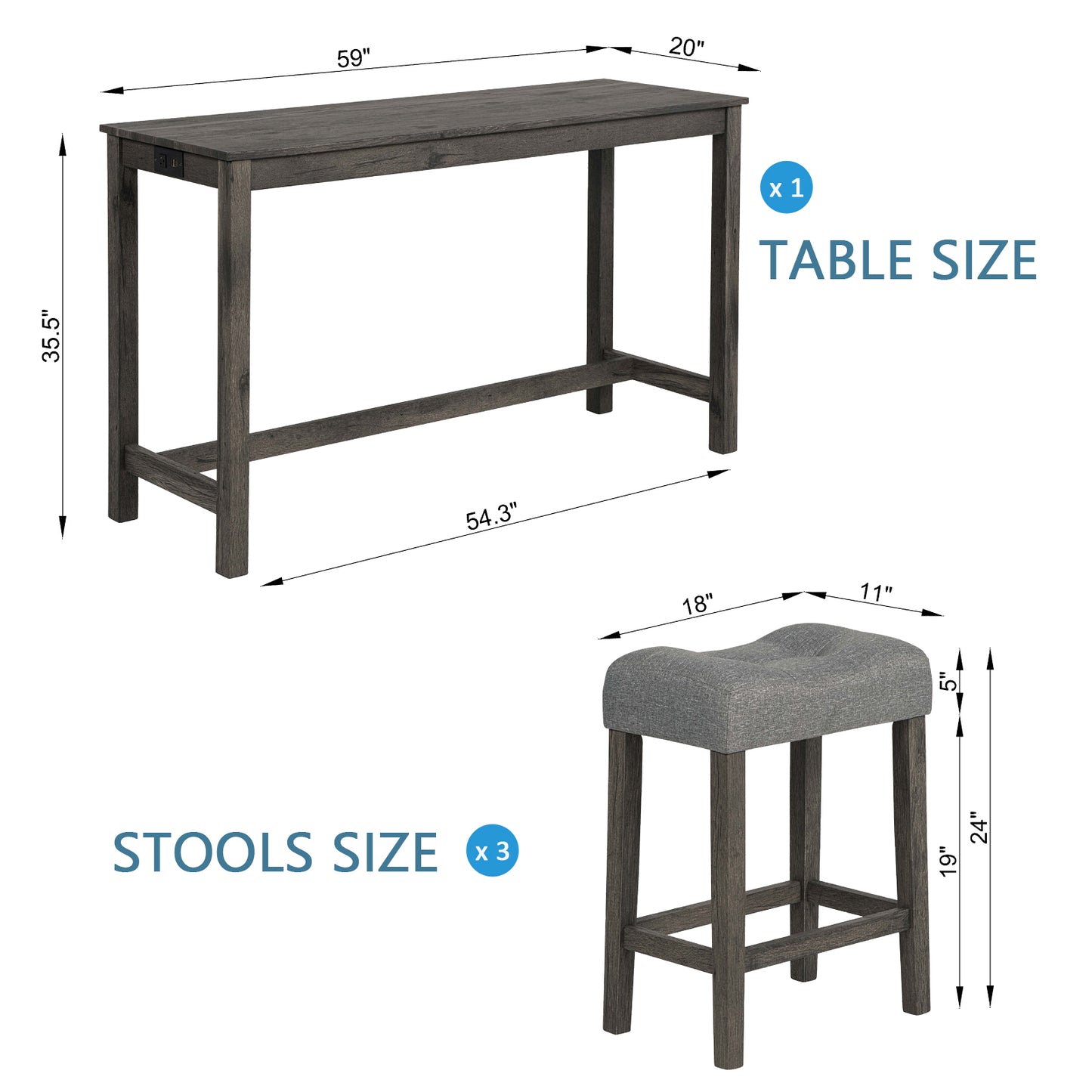 Bar Table Set with Power Outlet & 3 Padded Stools - Dark Gray