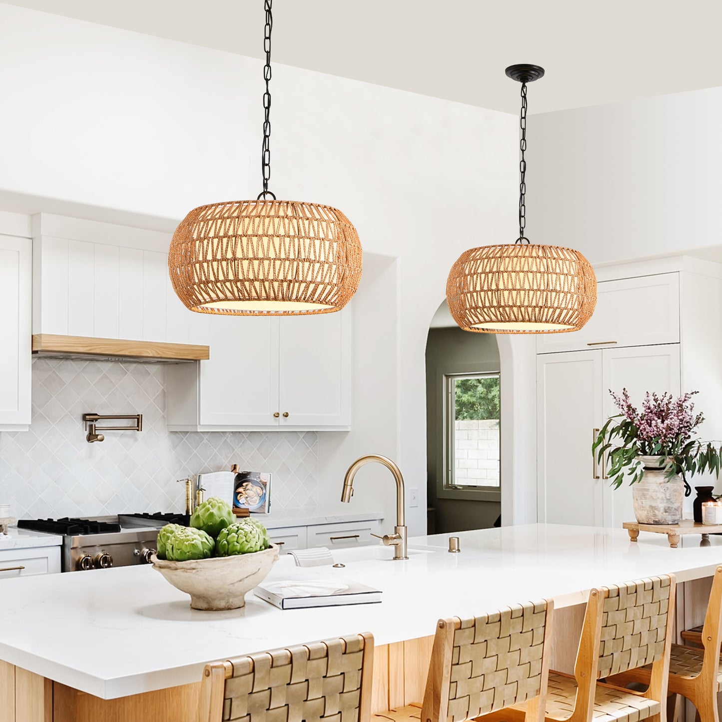 18-Inch Farmhouse Pendant Light with Adjustable Height - Boho Woven Jute Rope Ceiling Fixture, E26 Base