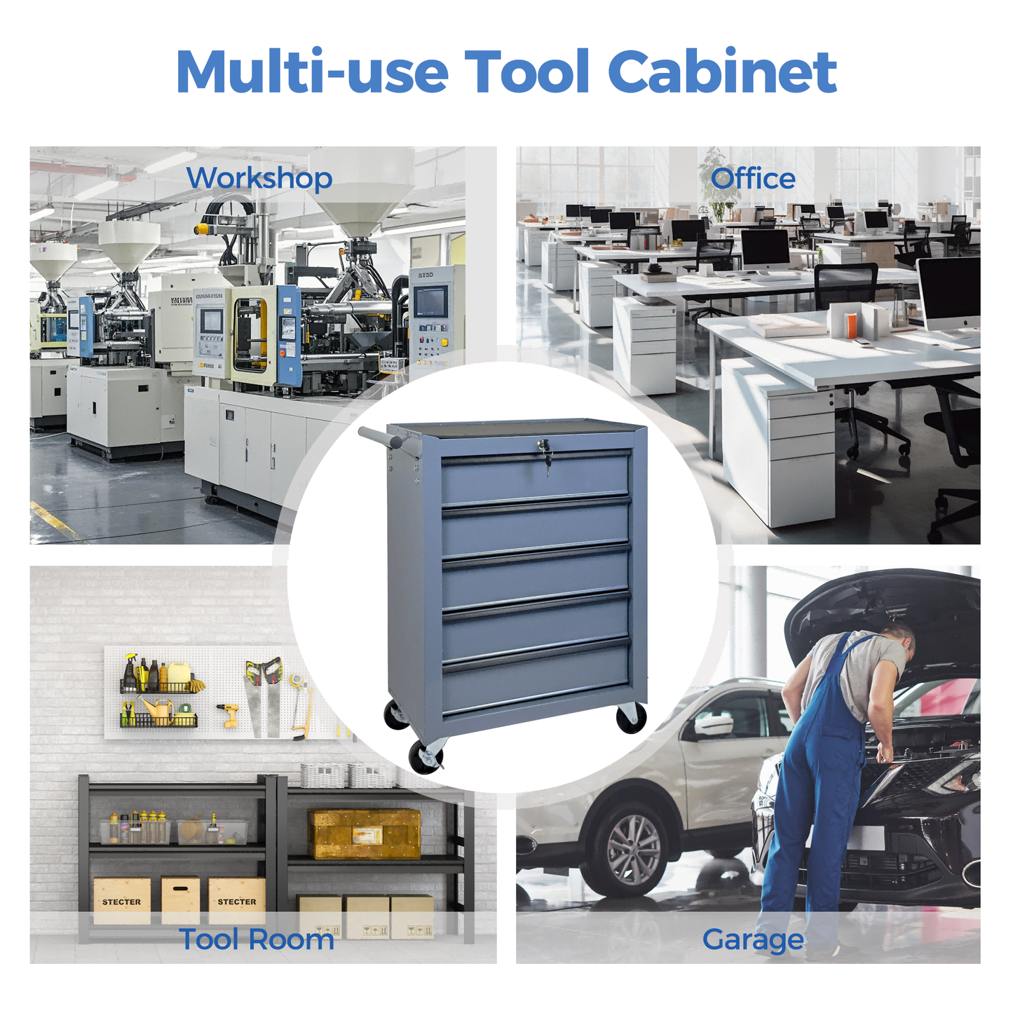5-Drawer Rolling Tool Storage Cabinet with Detachable Top Box - Garage Organizer, Steel, Grey