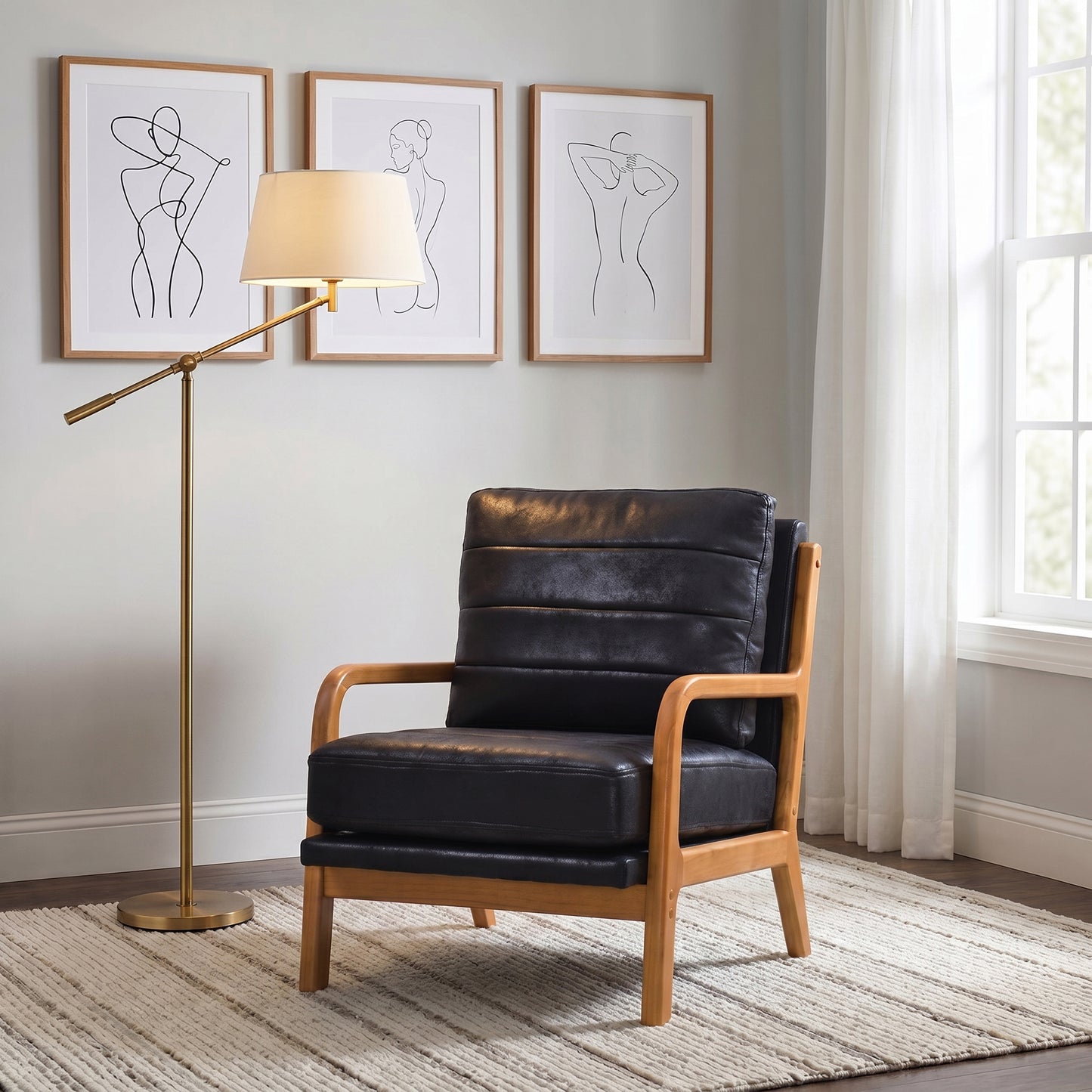 Mid-Century Modern Black Foil Fabric Wood Armchair