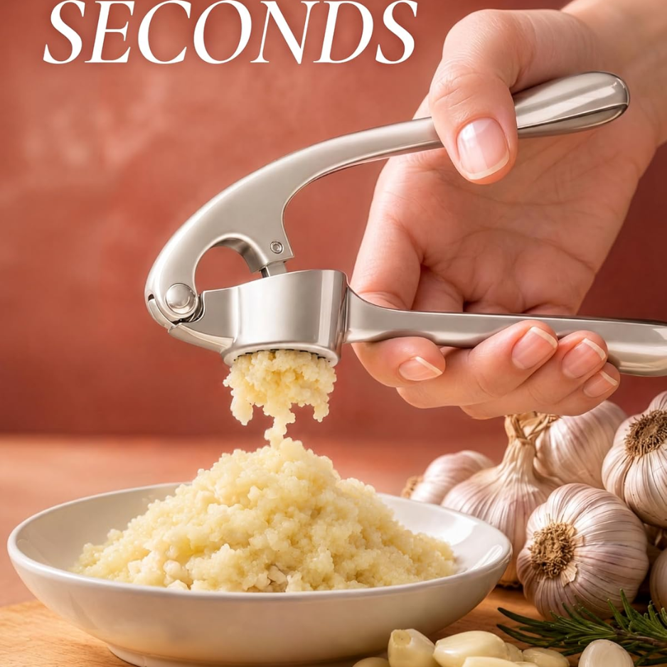 Premium Garlic Press Set - Easy-Squeeze Mincer with Peeler & Brush