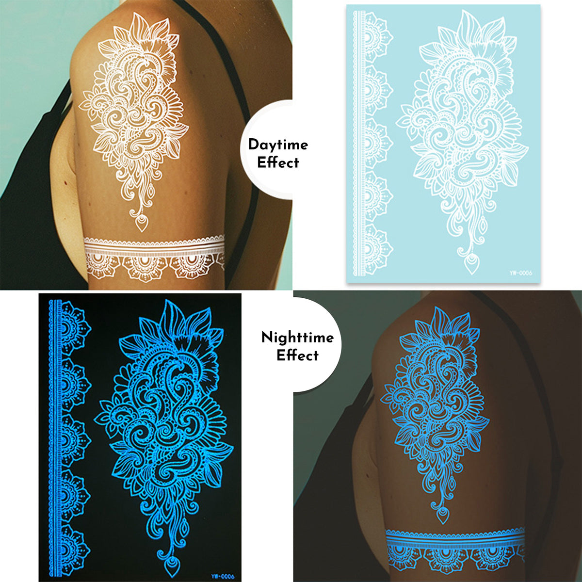 Glow in the Dark Henna Tattoo Stickers for Parties & Festivals - Intricate Lace Designs, Light Up Halloween & Christmas