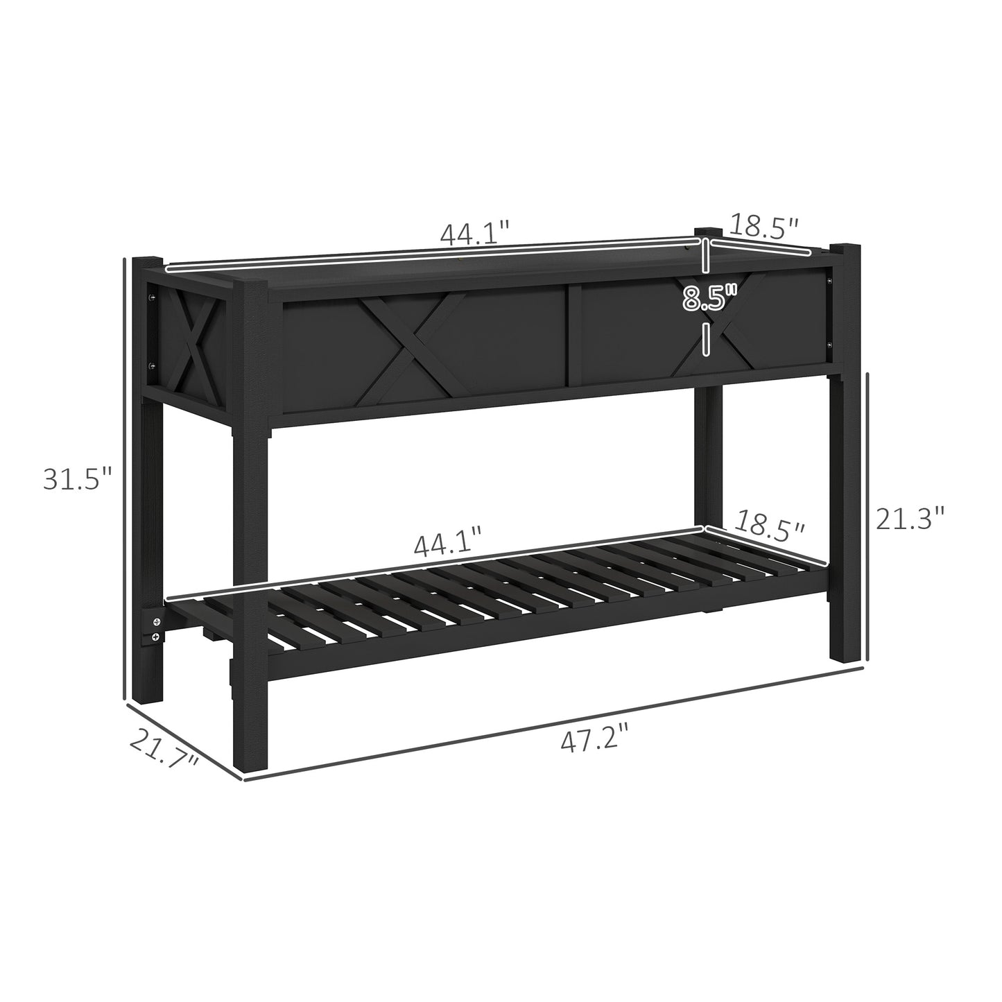 Raised Garden Bed with Storage Shelf & Drainage Holes - Black, 47x22x31.5 in.