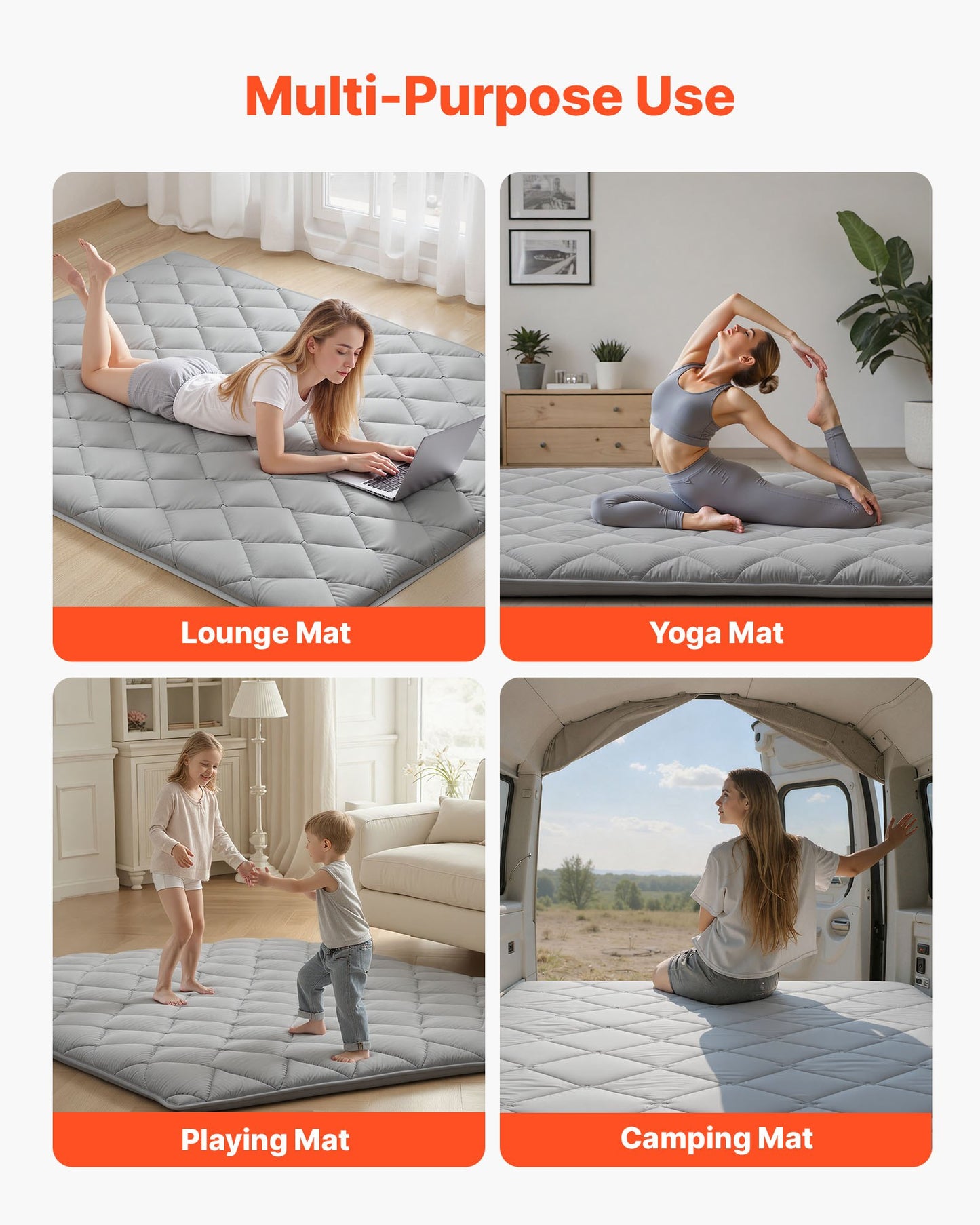 Foldable Japanese Tatami Mattress - Queen Size Floor Bed with Storage Bag, Gray
