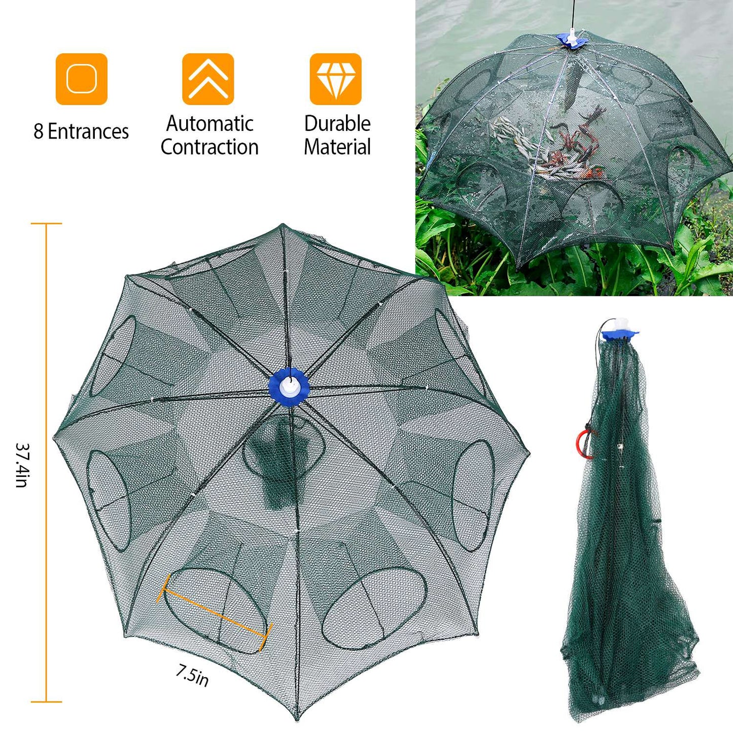 Foldable Fishing Bait Trap - Durable Mesh Crab & Shrimp Net - Green