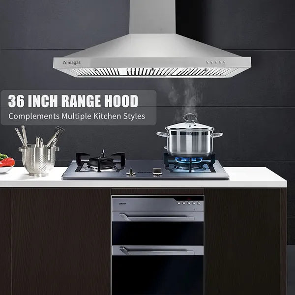 36 Inch Wall Mount Stainless Steel Range Hood with Ducted Ductless Conversion, 3-Speed Exhaust Fan, LED Light, Push Button Control, 3 Baffle Filters