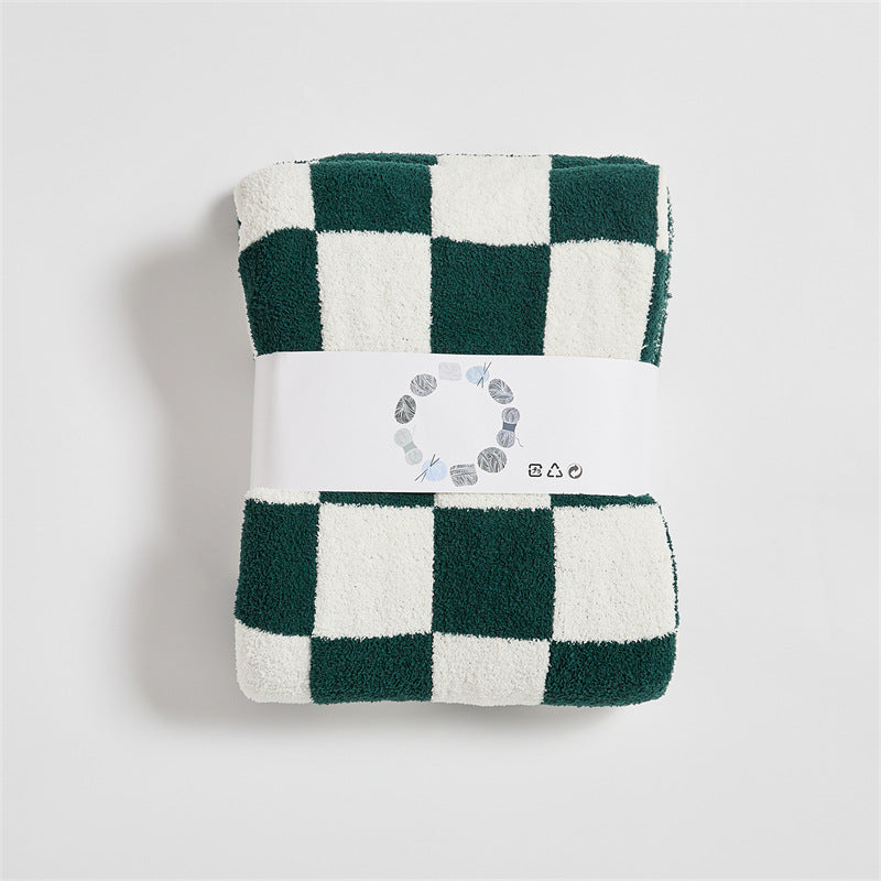 Large Retro Plaid Wool Blanket with Half Velvet Knit Sofa Cover