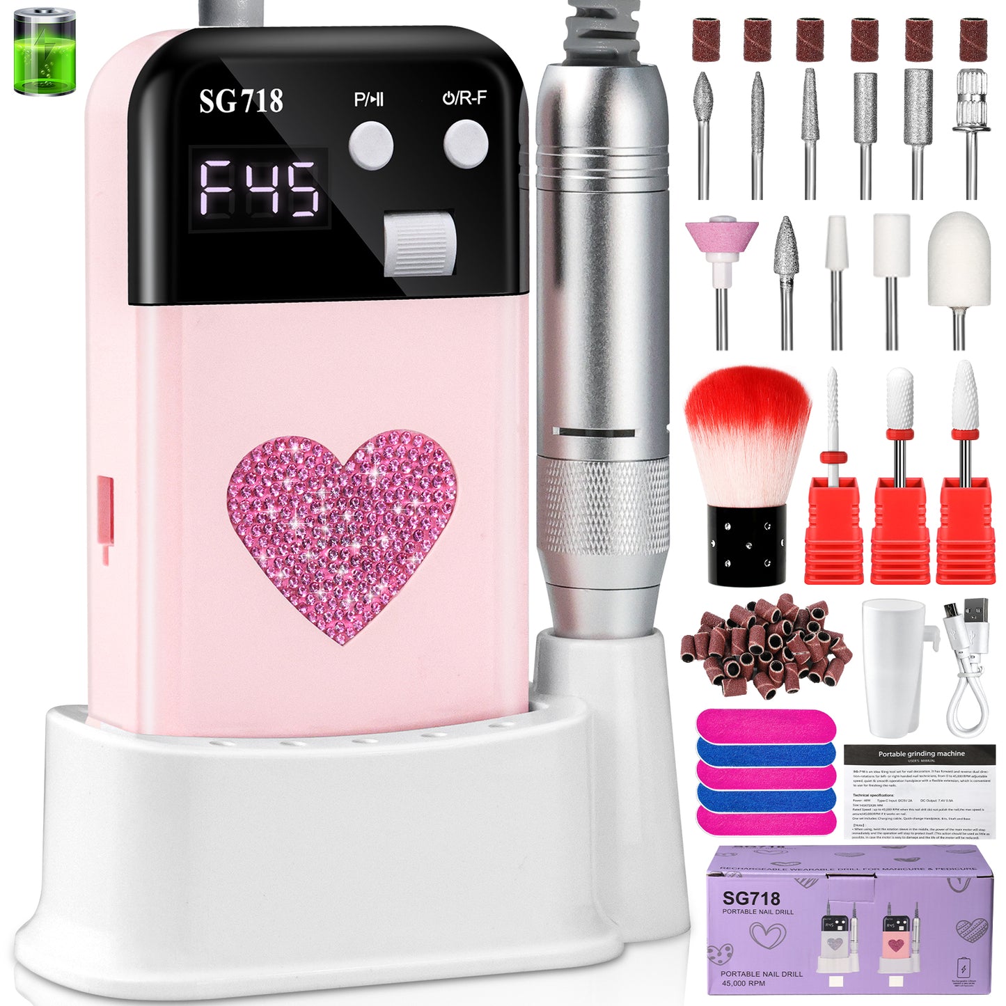 Professional Rechargeable Nail Drill 45000 RPM - Electric File for Gel Nails