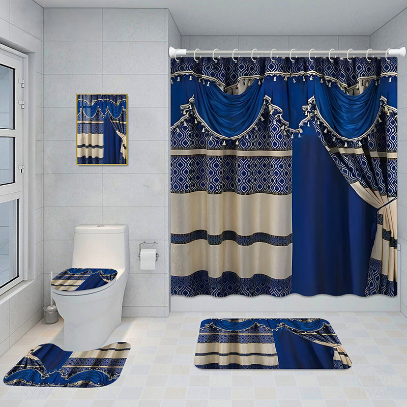 Bathroom 5-Piece Shower Curtain Set with Mat and Decorative Aluminum Frame