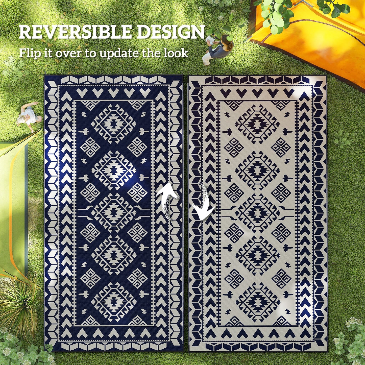 Reversible Waterproof Outdoor Rug - Blue & White Rhombus 9' x 18'