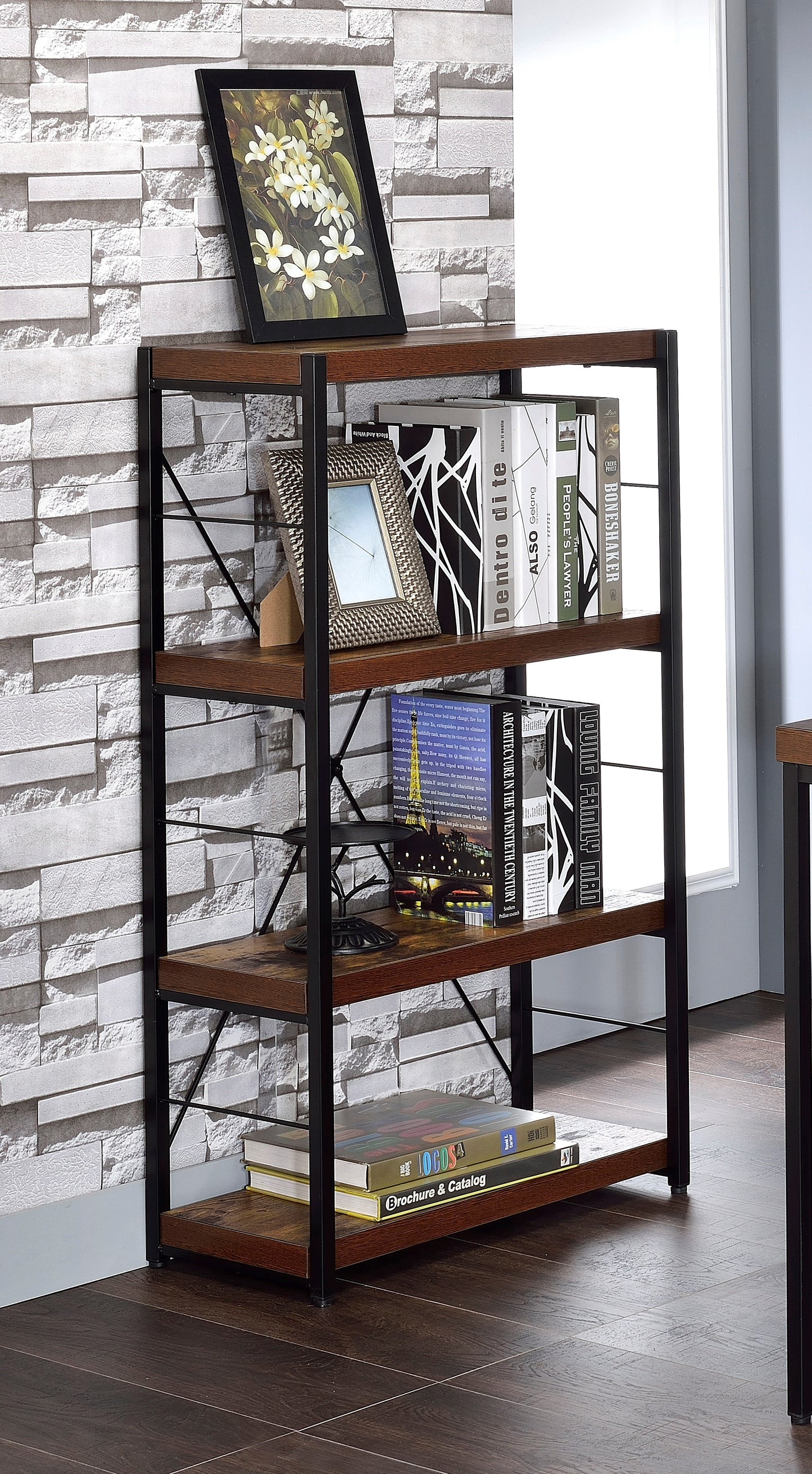 Weathered Oak & Black Finish Bookshelf - 3-Tier Storage