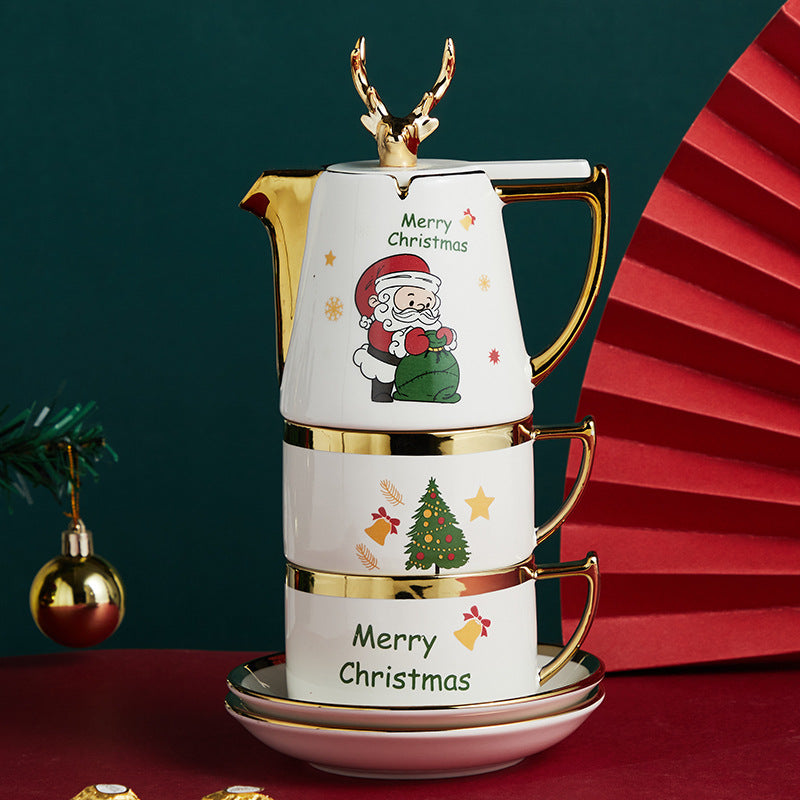 Ceramic Teapot Set with Cups and Plates - Christmas Elk Design, Portable & High-Temperature Resistant