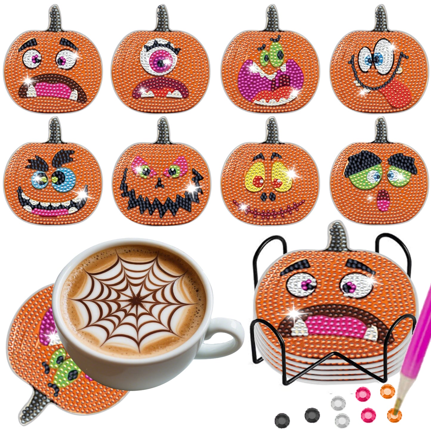 Halloween Pumpkin Rhinestone Coasters - 8 Pack