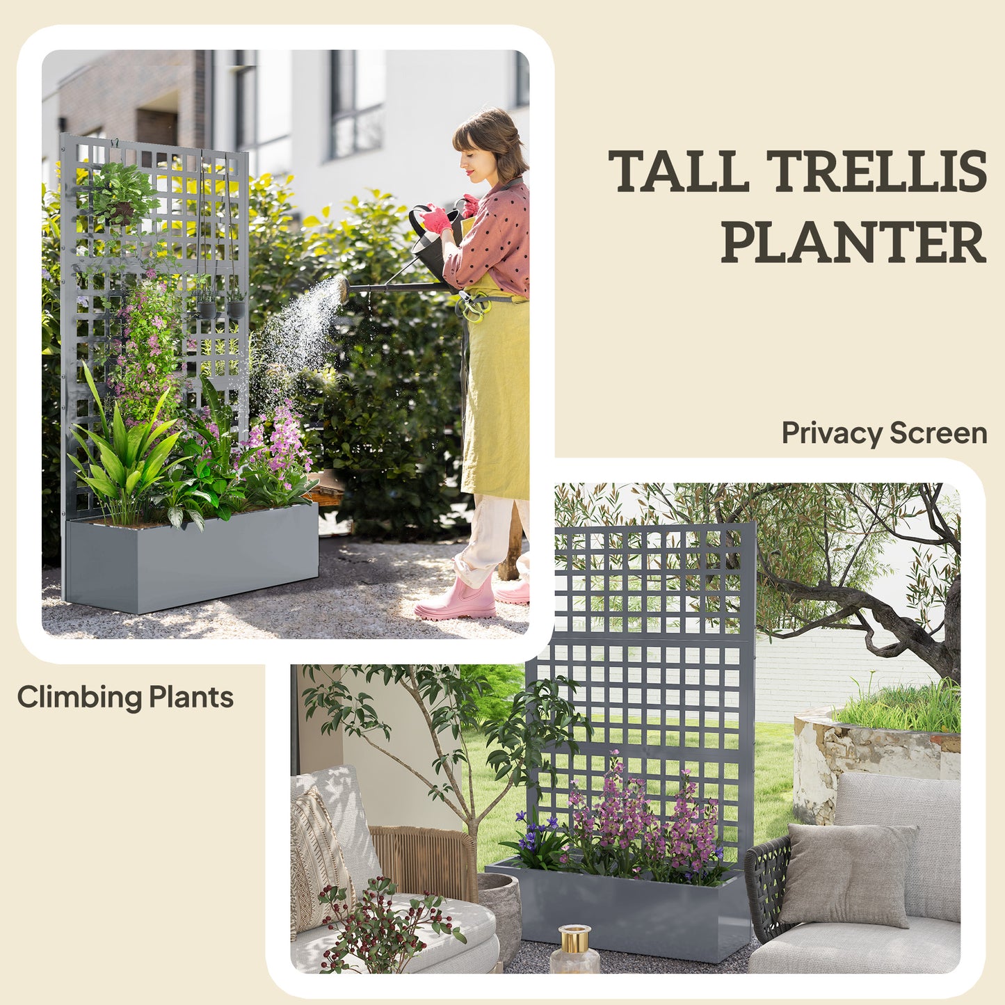 Galvanized Steel Raised Garden Bed with Trellis for Climbing Plants - 43x16x70 Inches, Gray