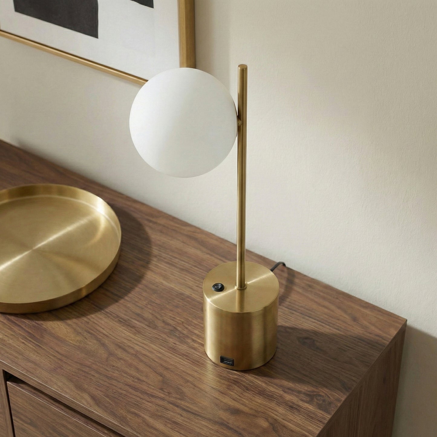 Ethereal Modern Small Brass Metal Table Lamp With White Glass Globe