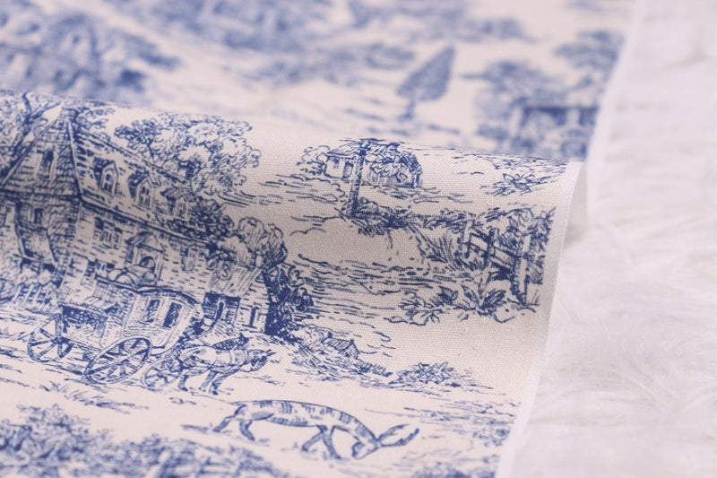Vintage Blue Print Fabric - Cotton Muslin Textile for Sewing & Crafts 90x110CM