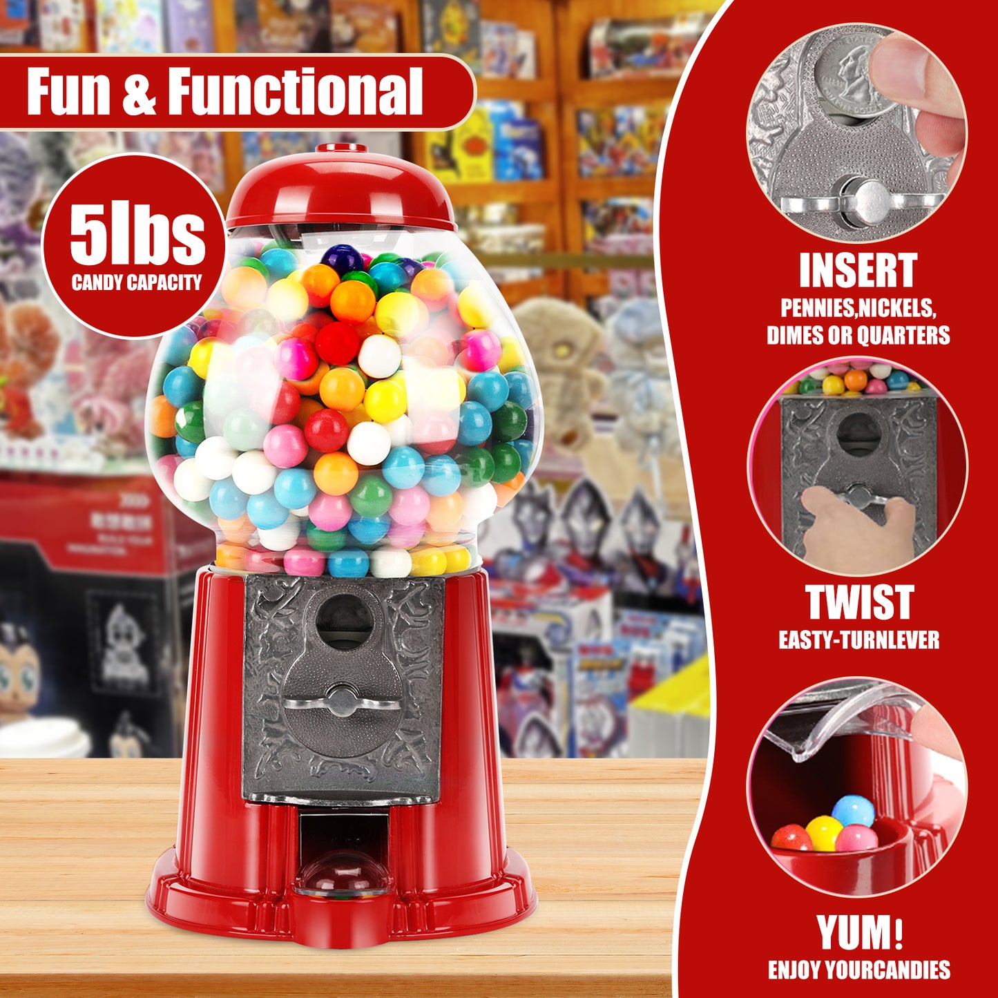 15-Inch Red Gumball Machine with Stand - Coin Operated Candy Dispenser