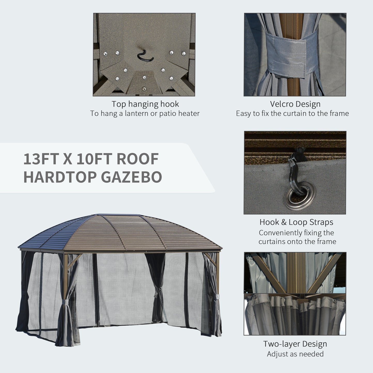 10x13 Hardtop Gazebo with Curtains and Netting - Dark Gray
