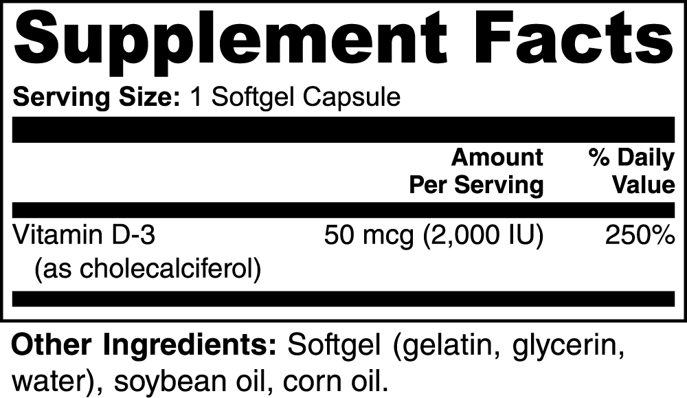 Vitamin D3 2000 IU Softgels - Bone, Muscle & Immune Support - 100 Count
